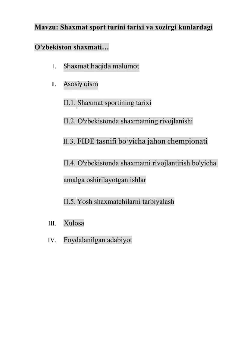 Shaxmat sport turini tarixi va xozirgi kunlardagi