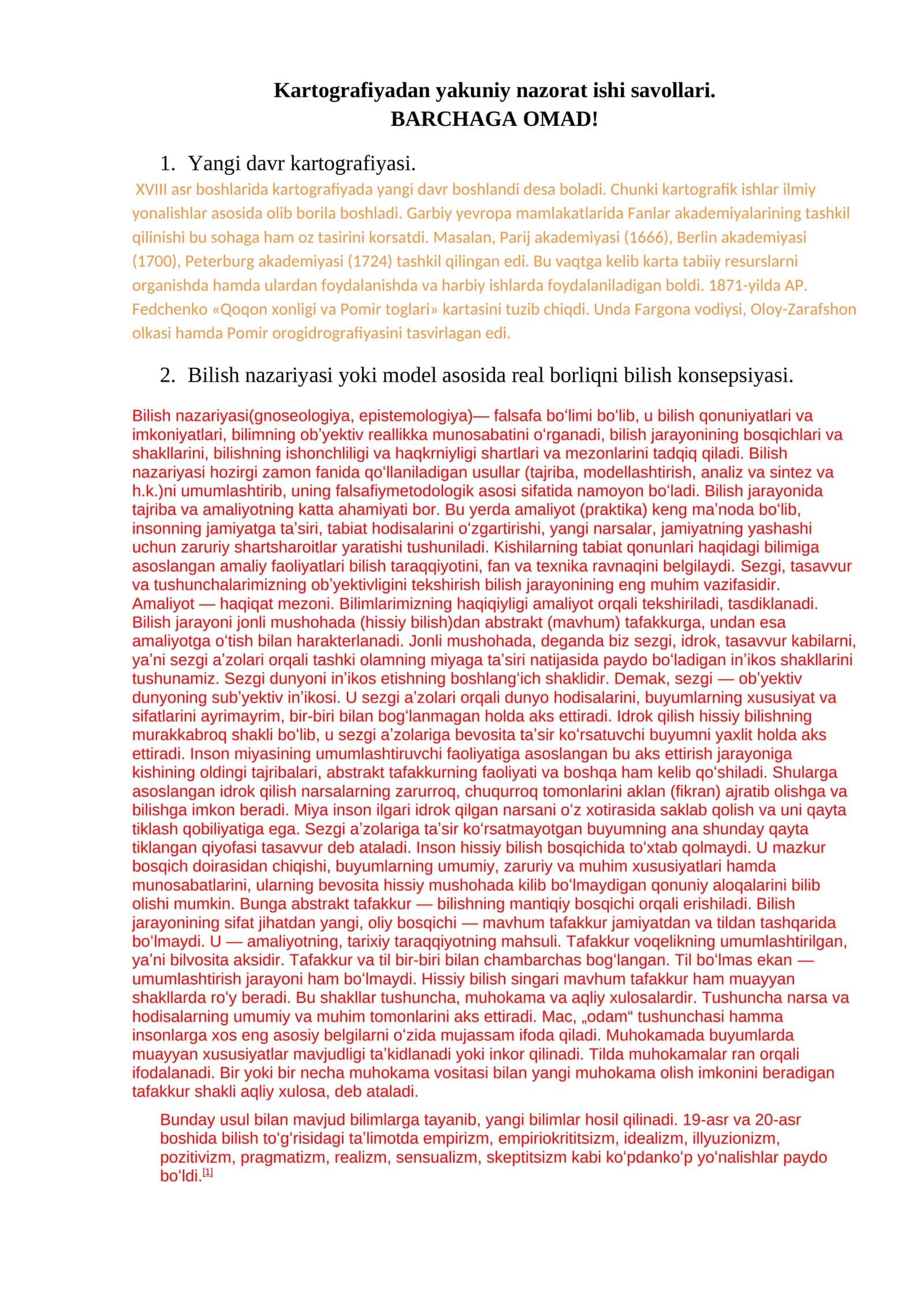 Kartografiyadan yakuniy nazorat ishi savollari