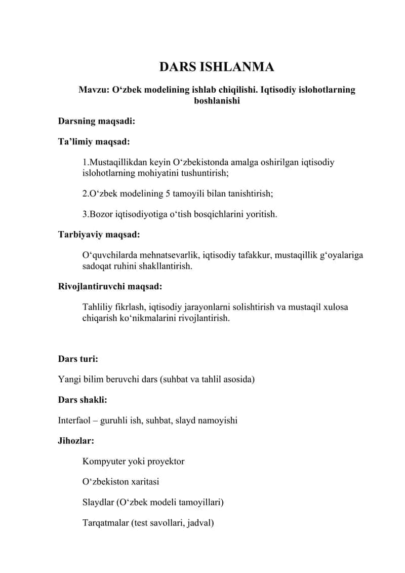 O‘zbek modelining ishlab chiqilishi. Iqtisodiy islohotlarning boshlanishi mavzusida dars ishlanma