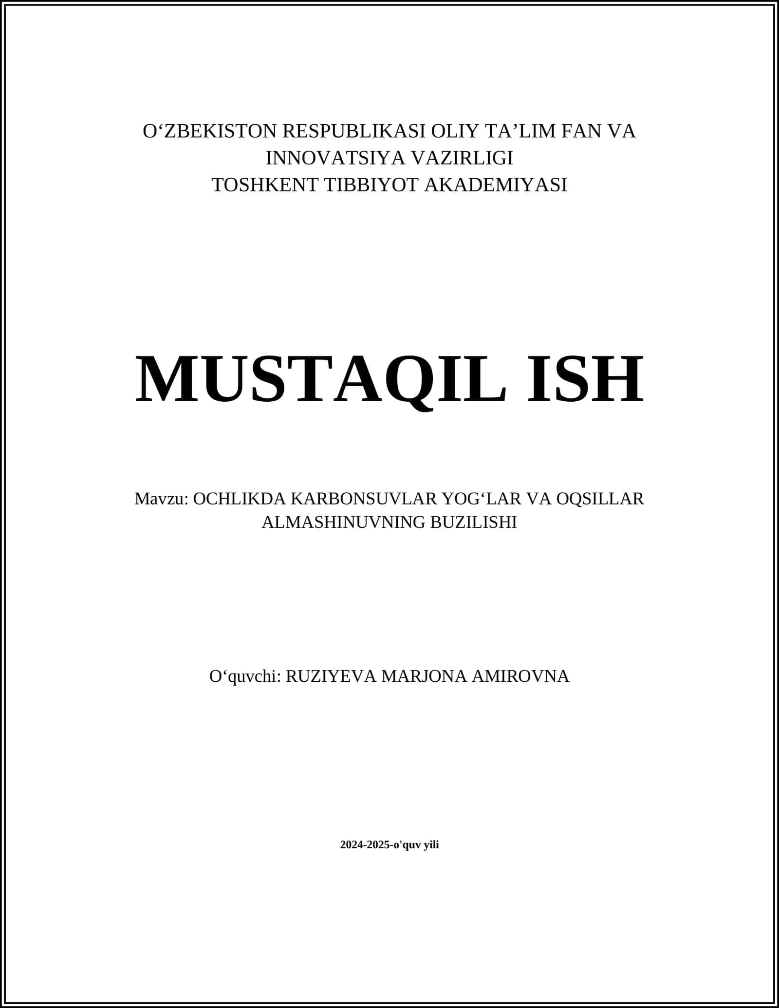 OCHLIKDA KARBONSUVLAR YOGʻLAR VA OQSILLAR ALMASHINUVNING BUZILISHI
