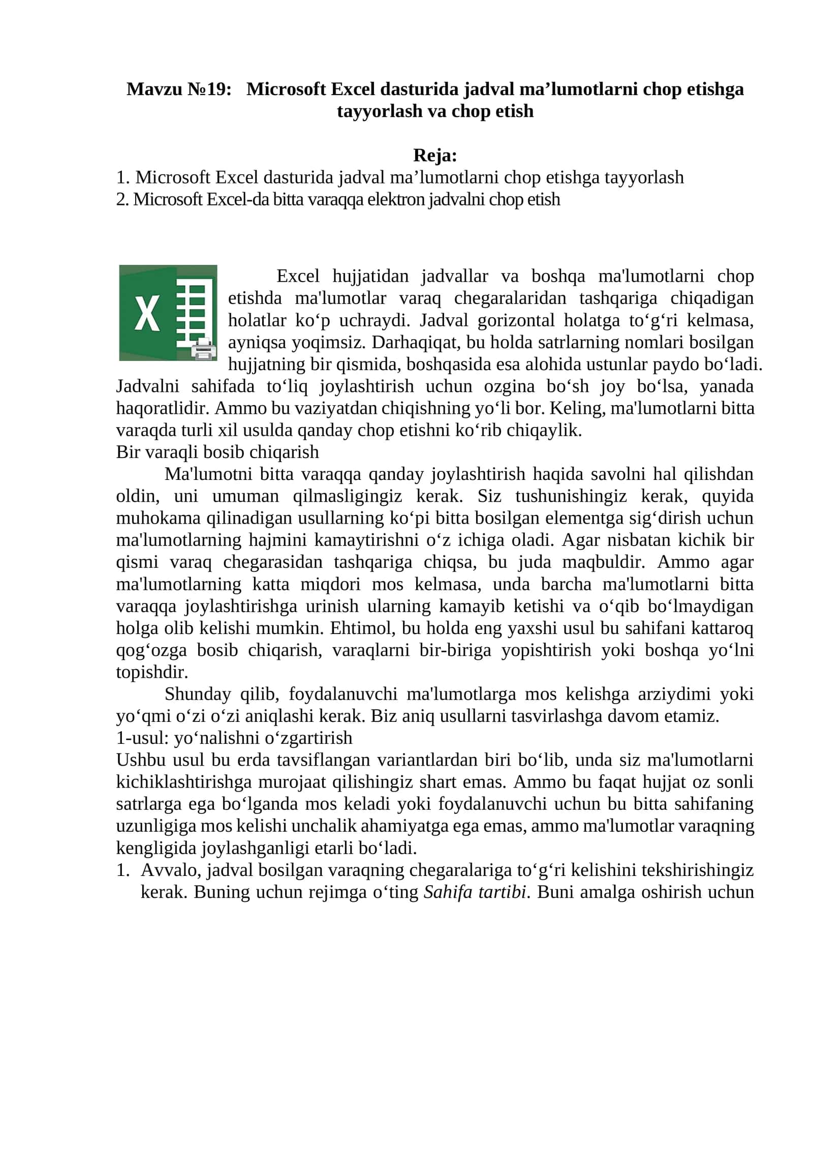 Microsoft Excel dasturida jadval ma’lumotlarni chop etishga tayyorlash va chop etish