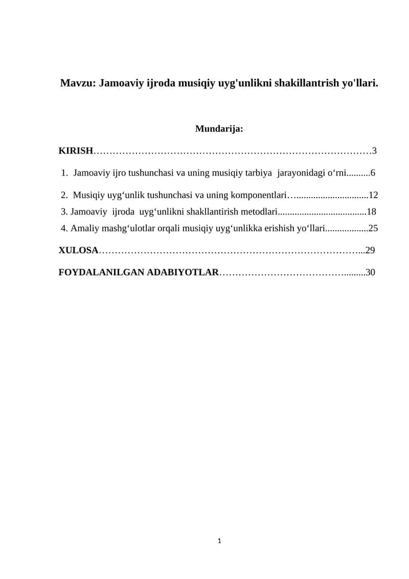 Jamoaviy ijroda musiqiy uyg'unlikni shakillantrish yo'llari