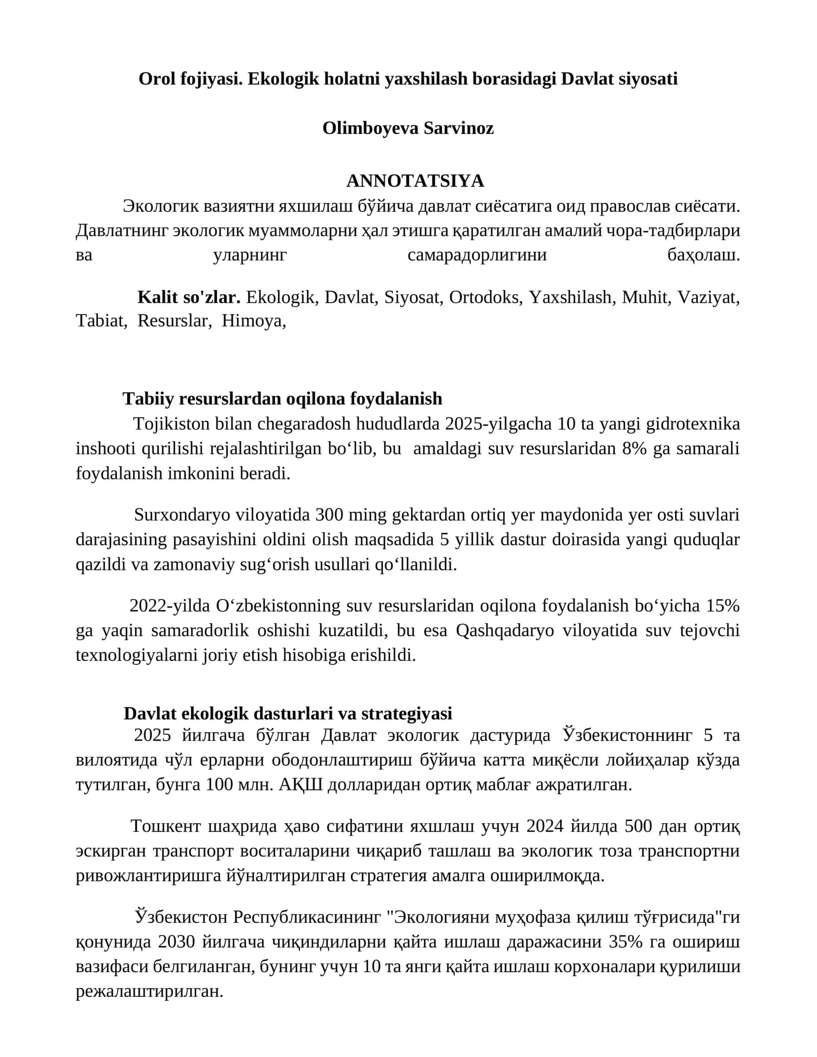 Ekologik vaziyatni yaxshilash borasidagi Davlat siyosati