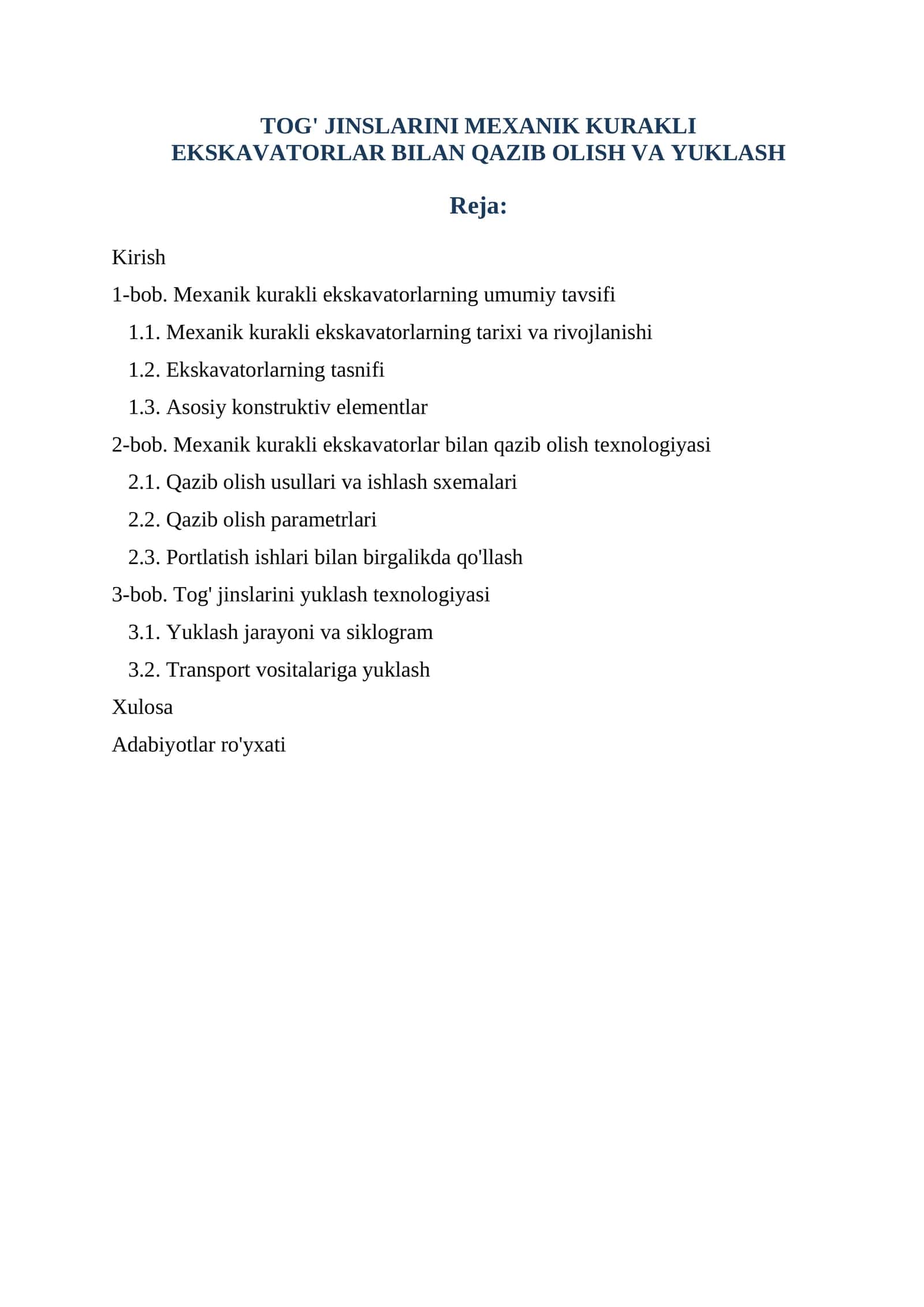 TOG' JINSLARINI MEXANIK KURAKLI EKSKAVATORLAR BILAN QAZIB OLISH VA YUKLASH