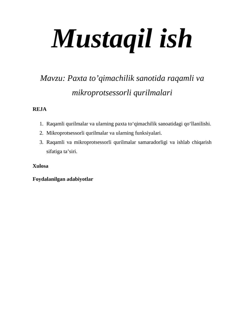 Paxta to’qimachilik sanotida raqamli va mikroprotsessorli qurilmalari