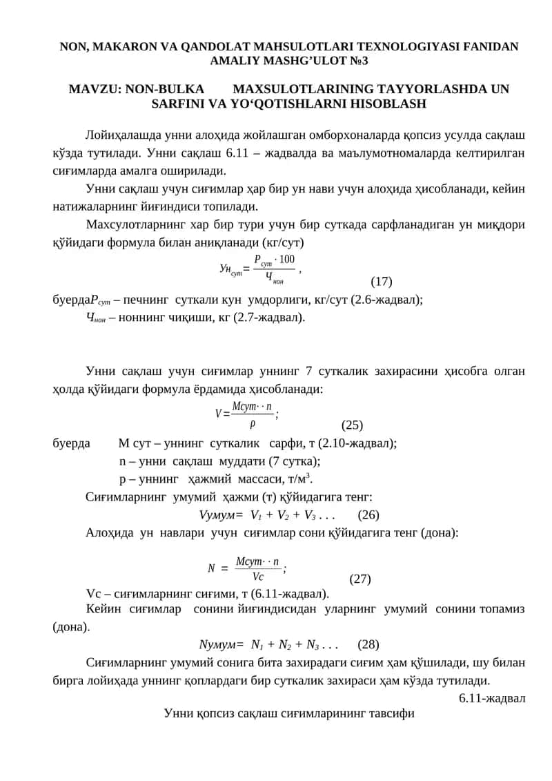 NON, MAKARON VA QANDOLAT MAHSULOTLARI TEXNOLOGIYASI FANIDAN AMALIY MASHG’ULOT №3