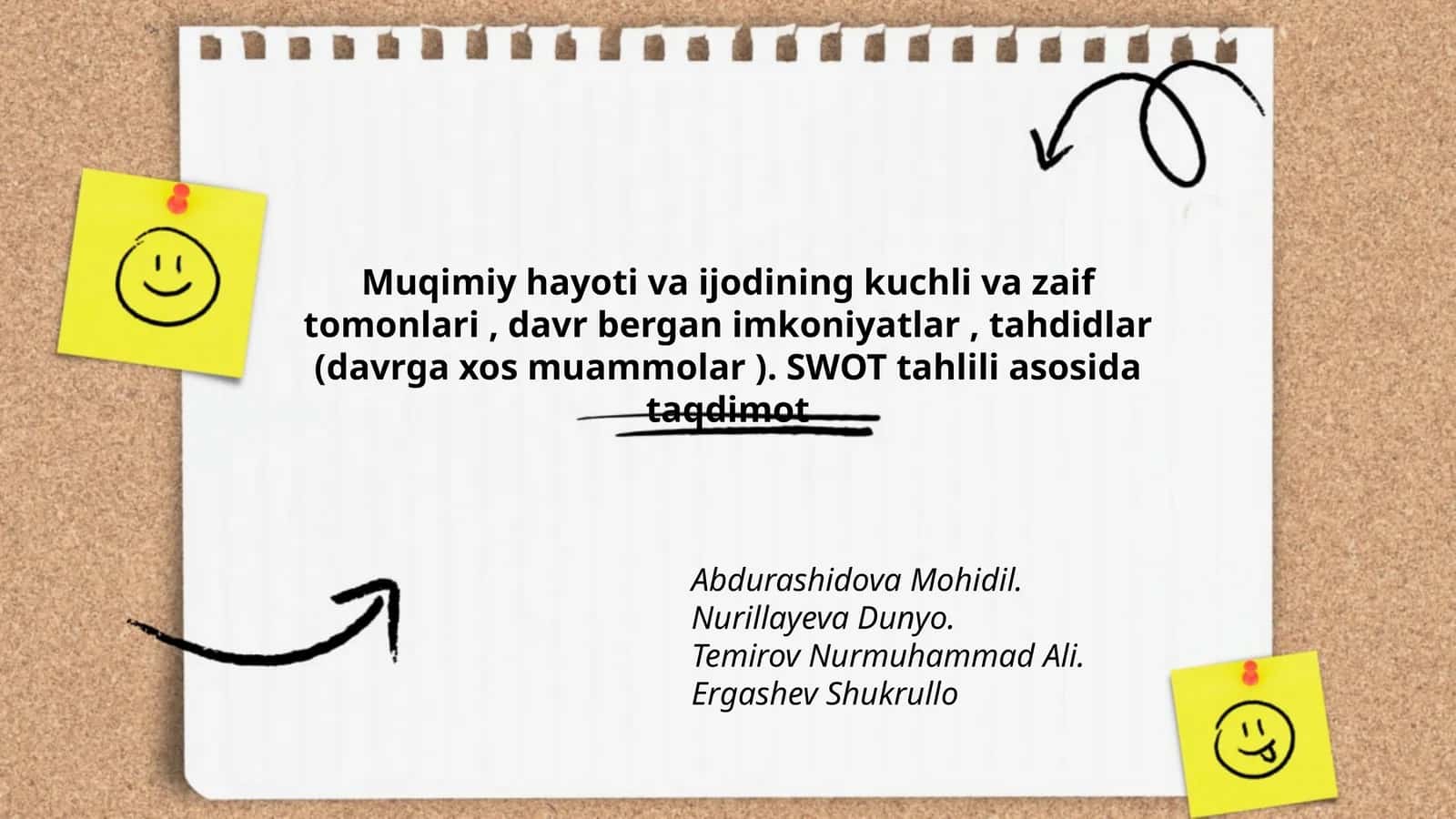 Muqimiy hayoti va ijodining kuchli va zaif tomonlari, davr bergan imkoniyatlar, tahdidlar (davrga xos muammolar ). SWOT tahlili asosida taqdimot