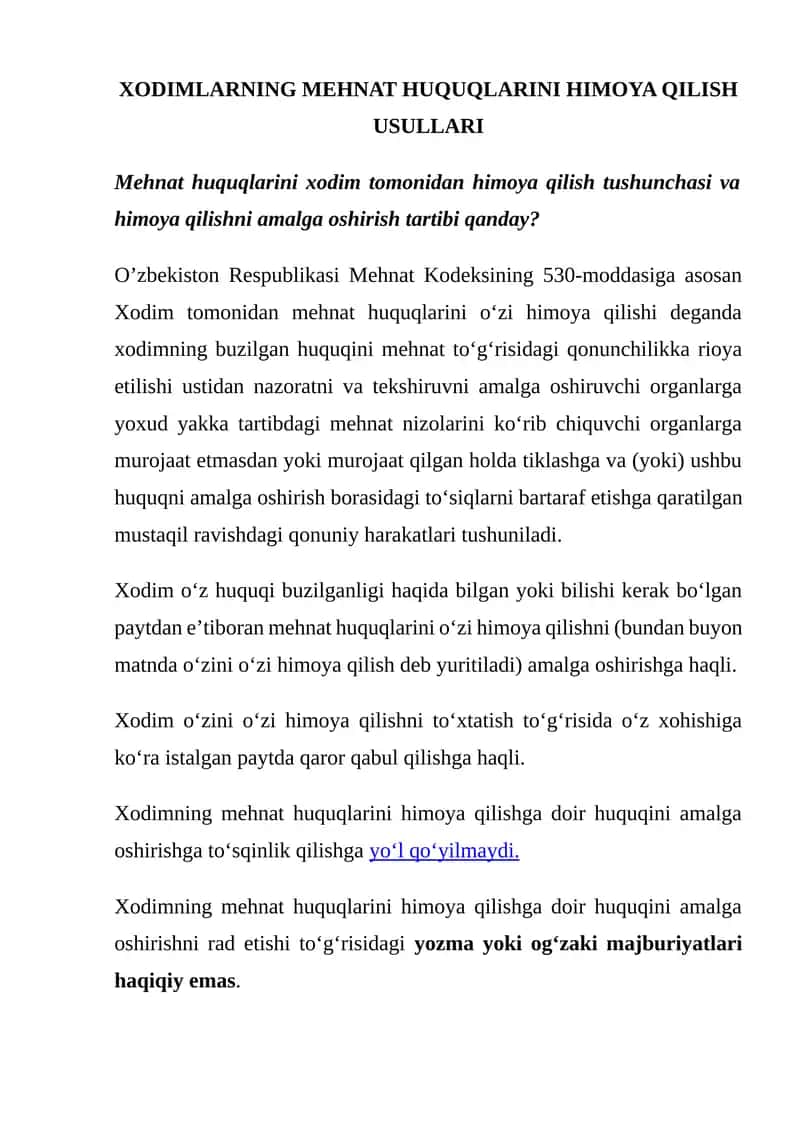 Xodimlarning Mehnat Huquqlarini Himoya Qilish Usullari
