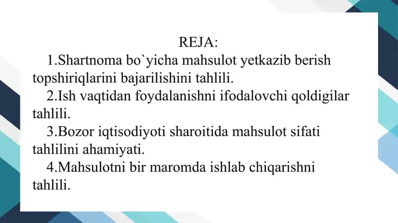 Shartnoma bo`yicha mahsulot yetkazib berish topshiriqlarini bajarilishini tahlili.