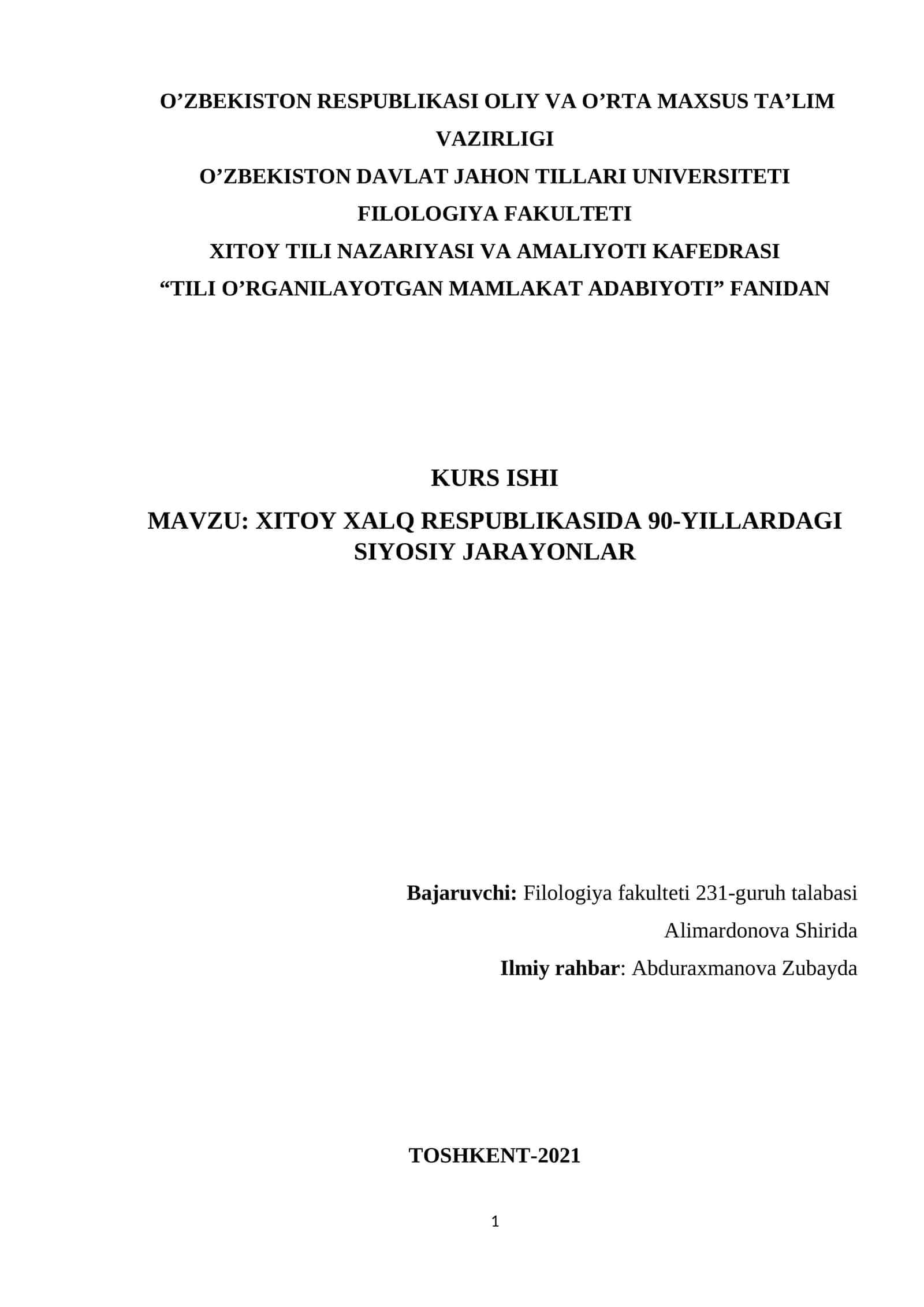 TILI O’RGANILAYOTGAN MAMLAKAT ADABIYOTI" FANIDAN KURS ISHI