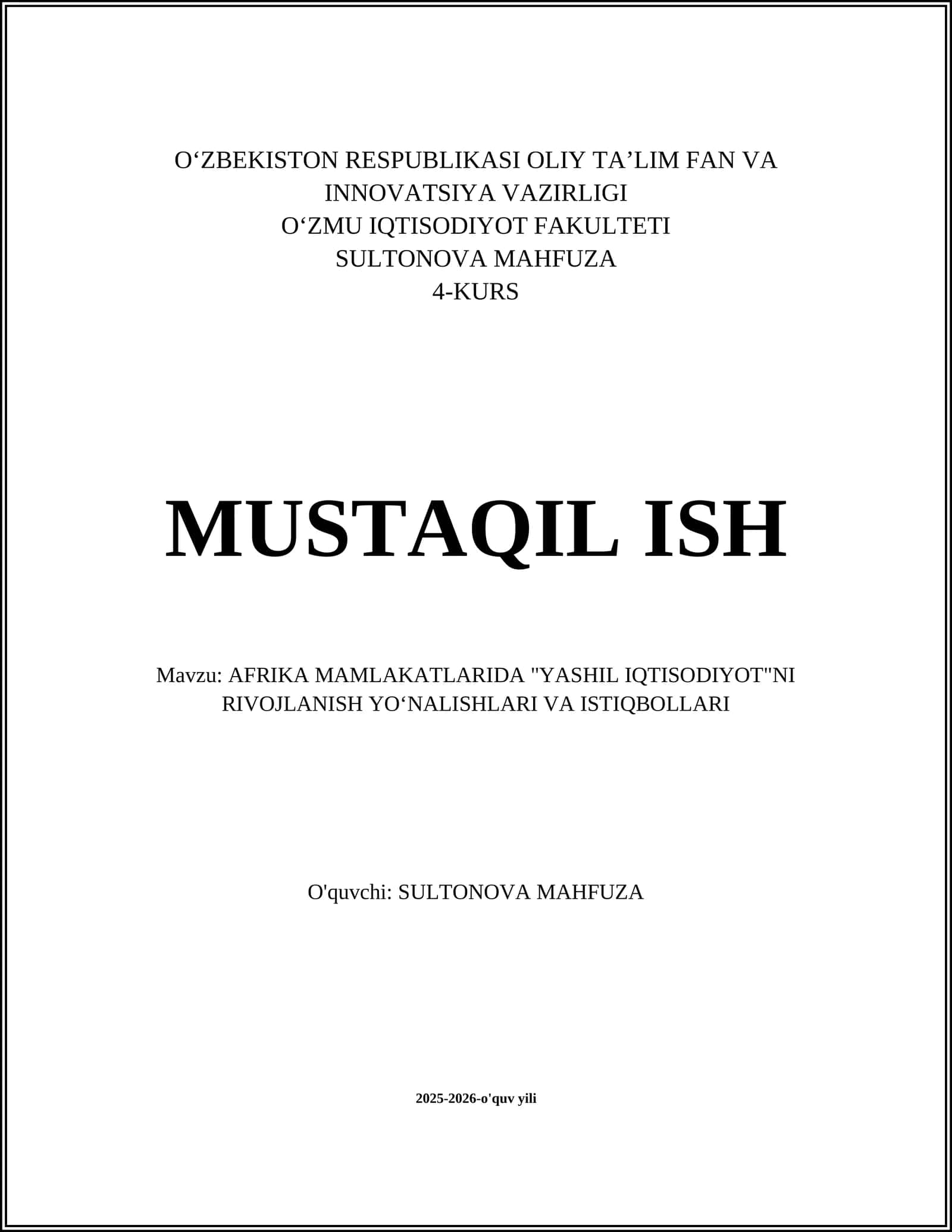 AFRIKA MAMLAKATLARIDA "YASHIL IQTISODIYOT"NI RIVOJLANISH YOʻNALISHLARI VA ISTIQBOLLARI