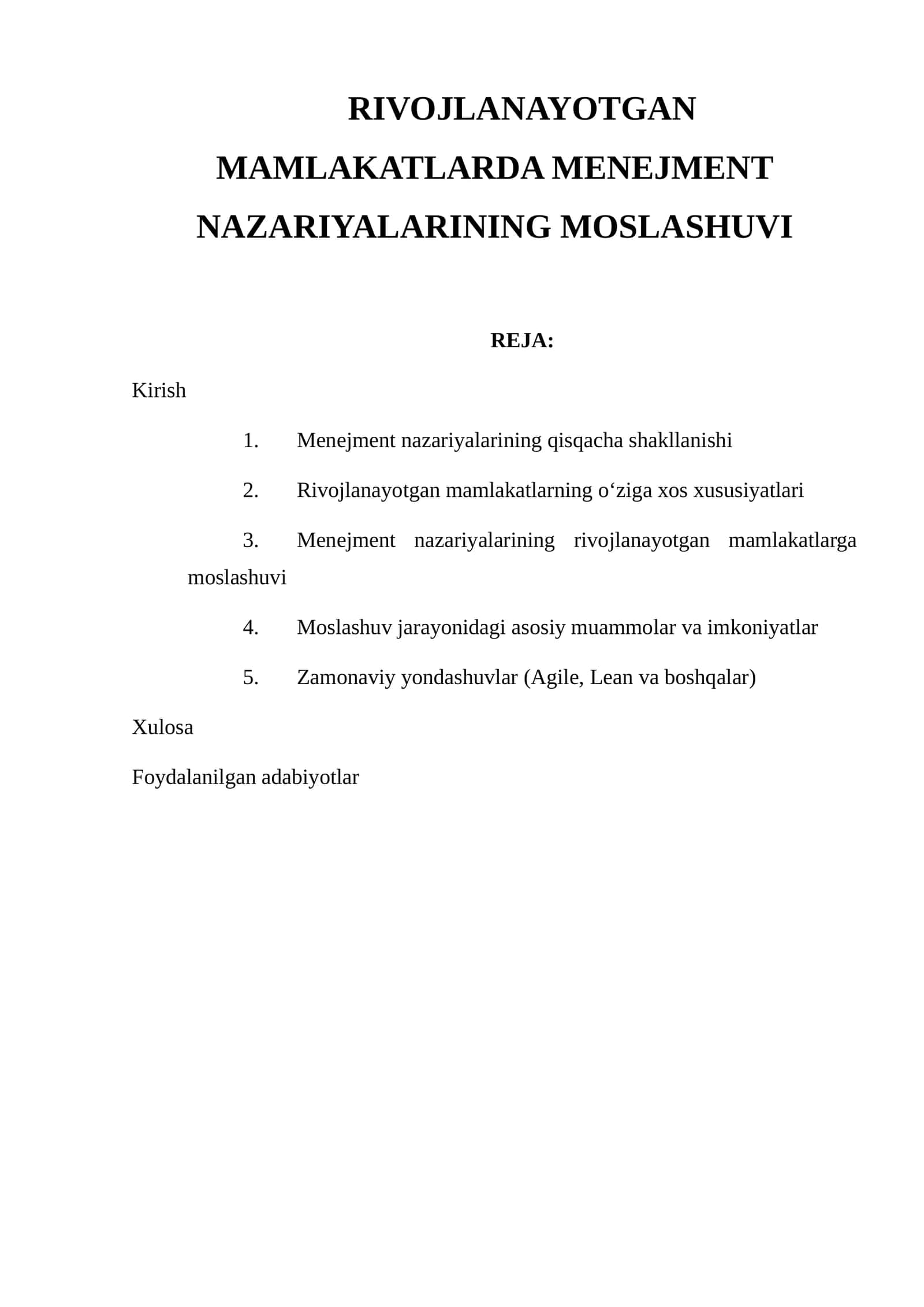 RIVOJLANAYOTGAN MAMLAKATLARDA MENEJMENT NAZARIYALARINING MOSLASHUVI