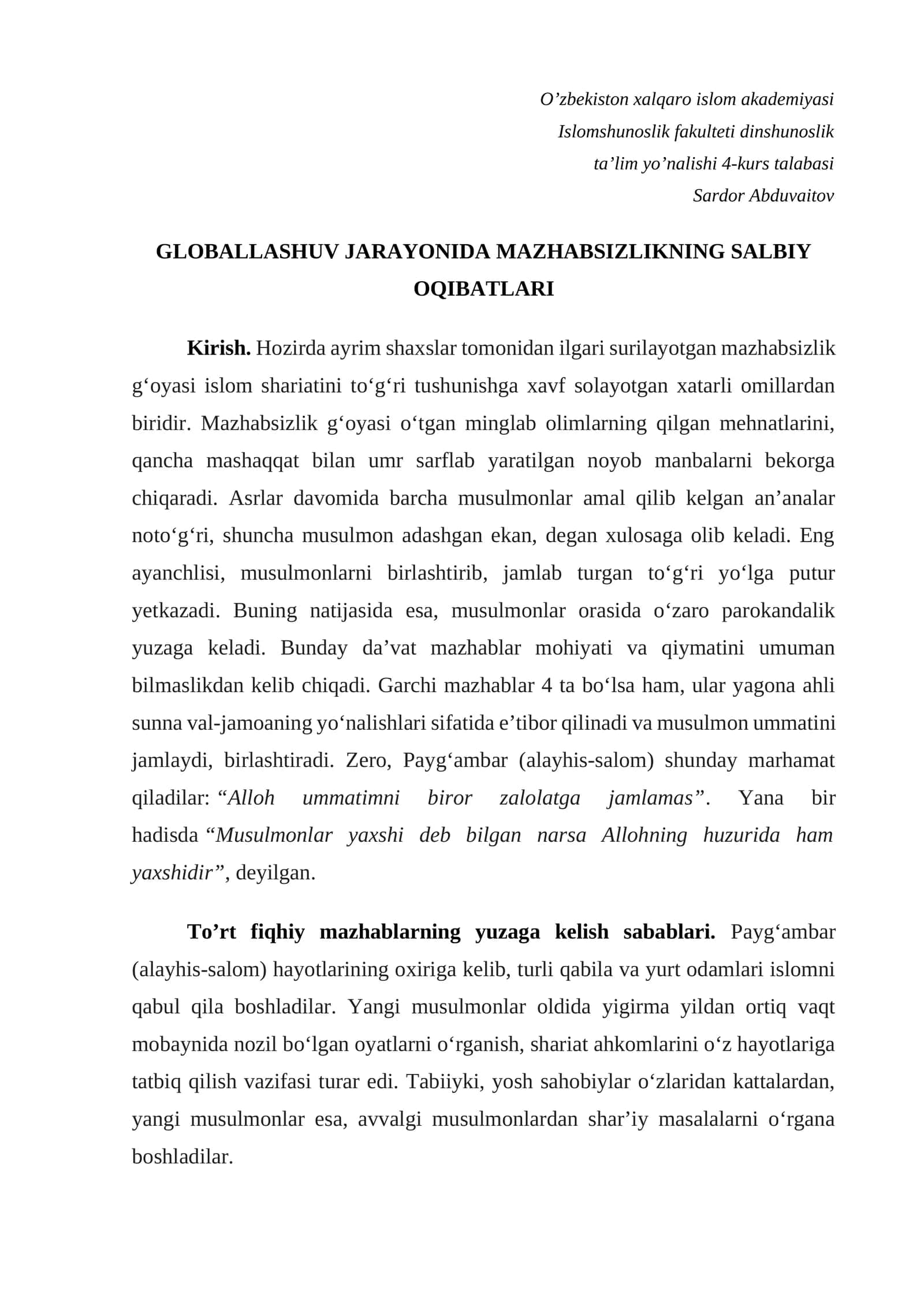 GLOBALLASHUV JARAYONIDA MAZHABSIZLIKNING SALBIY OQIBATLARI