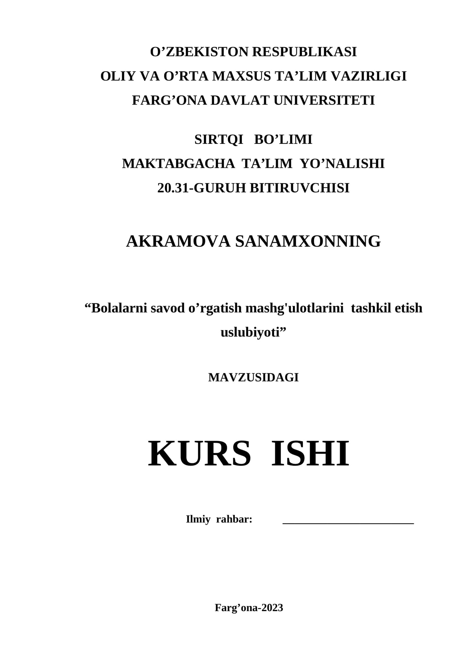 Bolalarni savod o’rgatish mashg'ulotlarini tashkil etish uslubiyoti