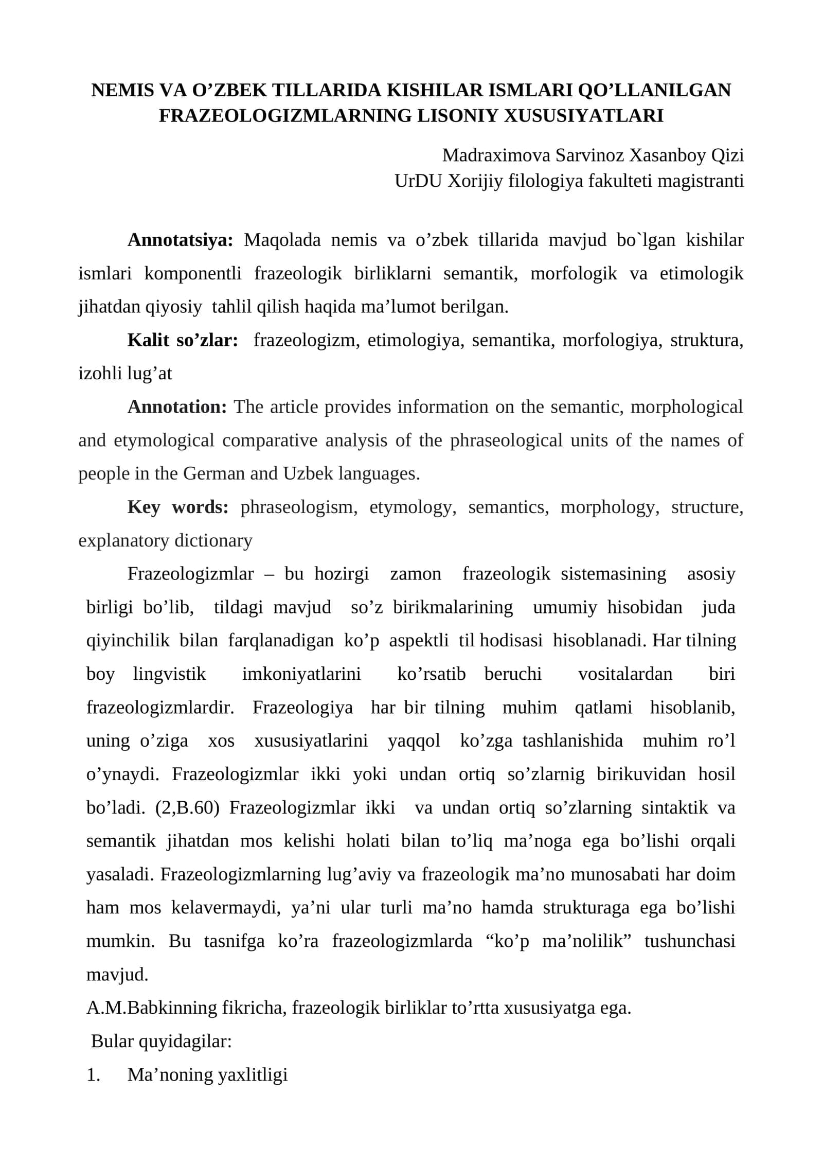 NEMIS VA O’ZBEK TILLARIDA KISHILAR ISMLARI QO’LLANILGAN FRAZEOLOGIZMLARNING LISONIY XUSUSIYATLARI