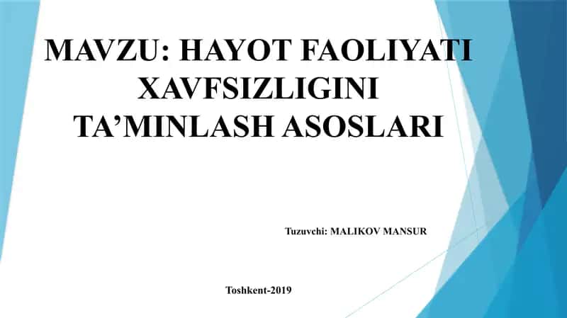 Hayot Faoliyati Xavfsizligini Ta’minlash Asoslari