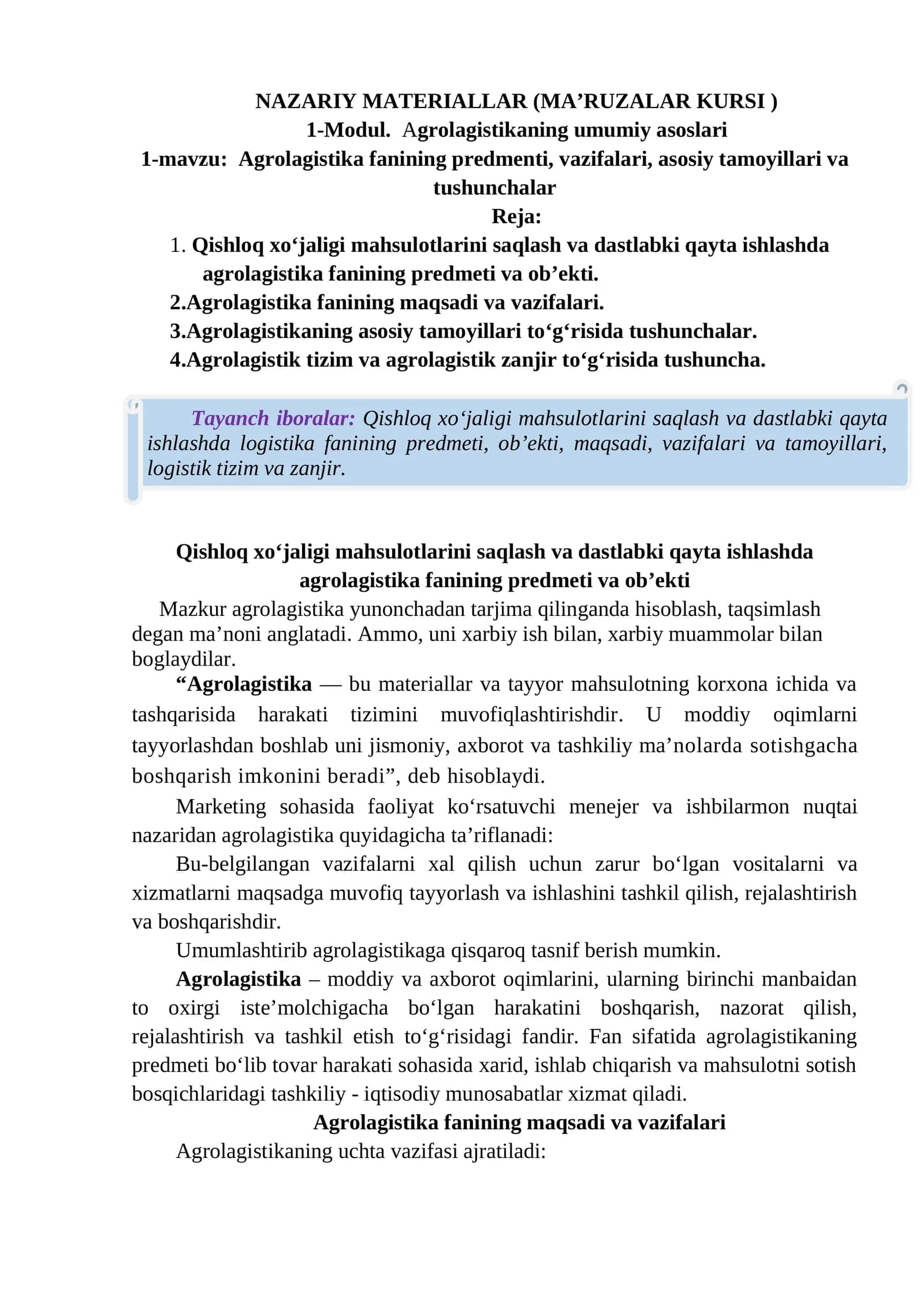 Nazariy Materiallar (Ma’ruzalar Kursi)