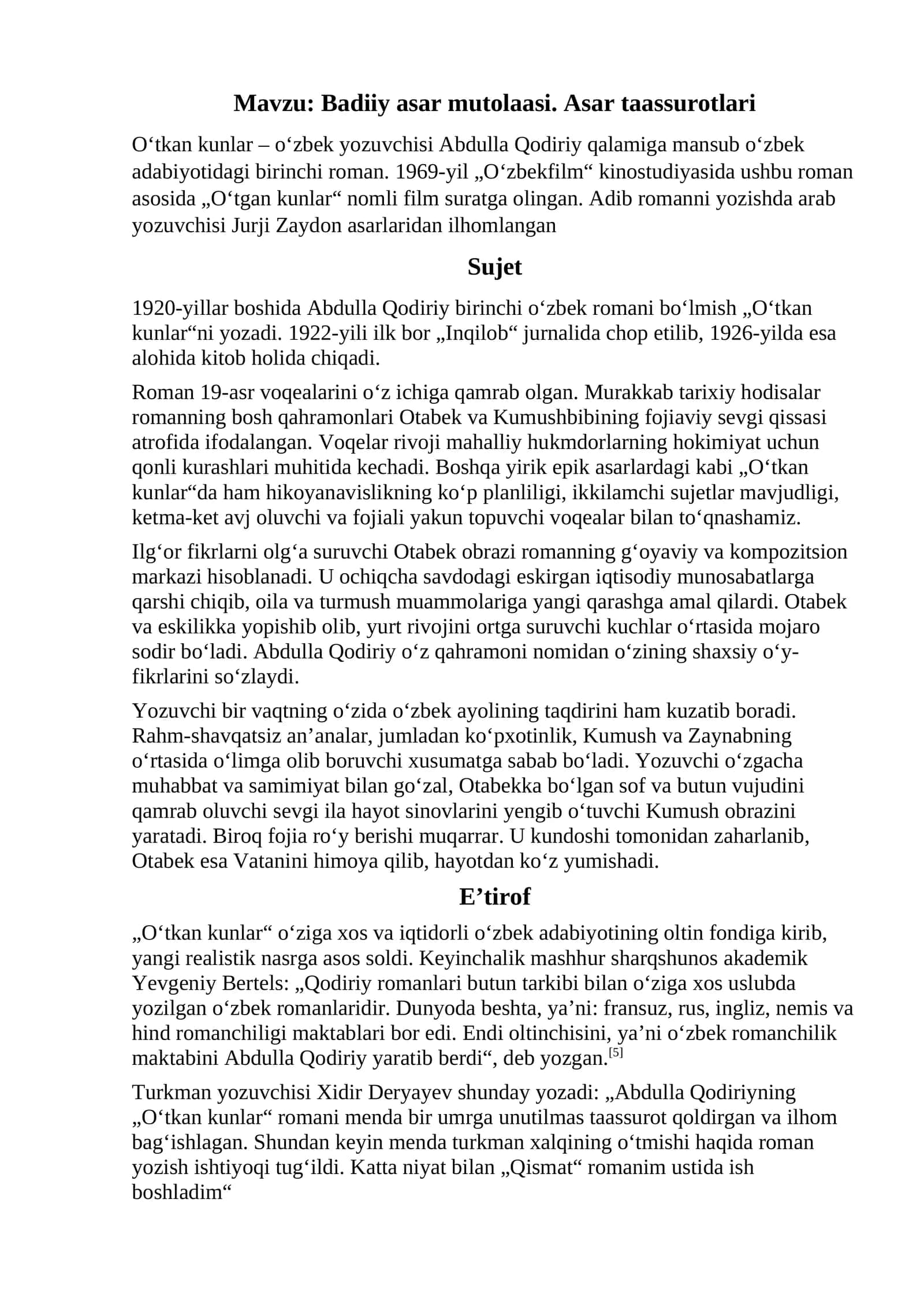 Badiiy asar mutolaasi. Asar taassurotlari