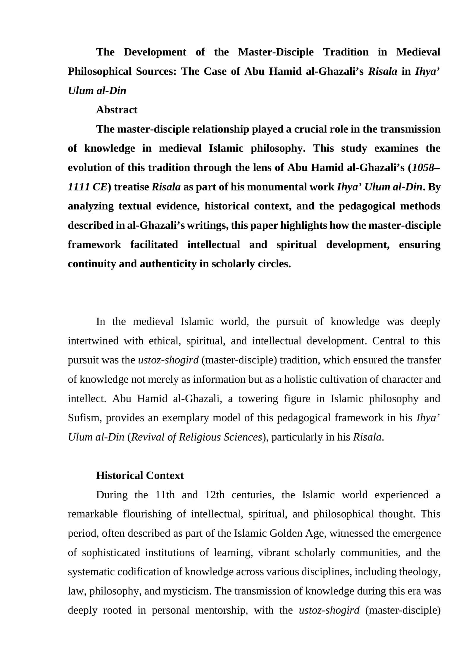 The Development of the Master-Disciple Tradition in Medieval Philosophical Sources: The Case of Abu Hamid al-Ghazali’s Risala in Ihya’ Ulum al-Din