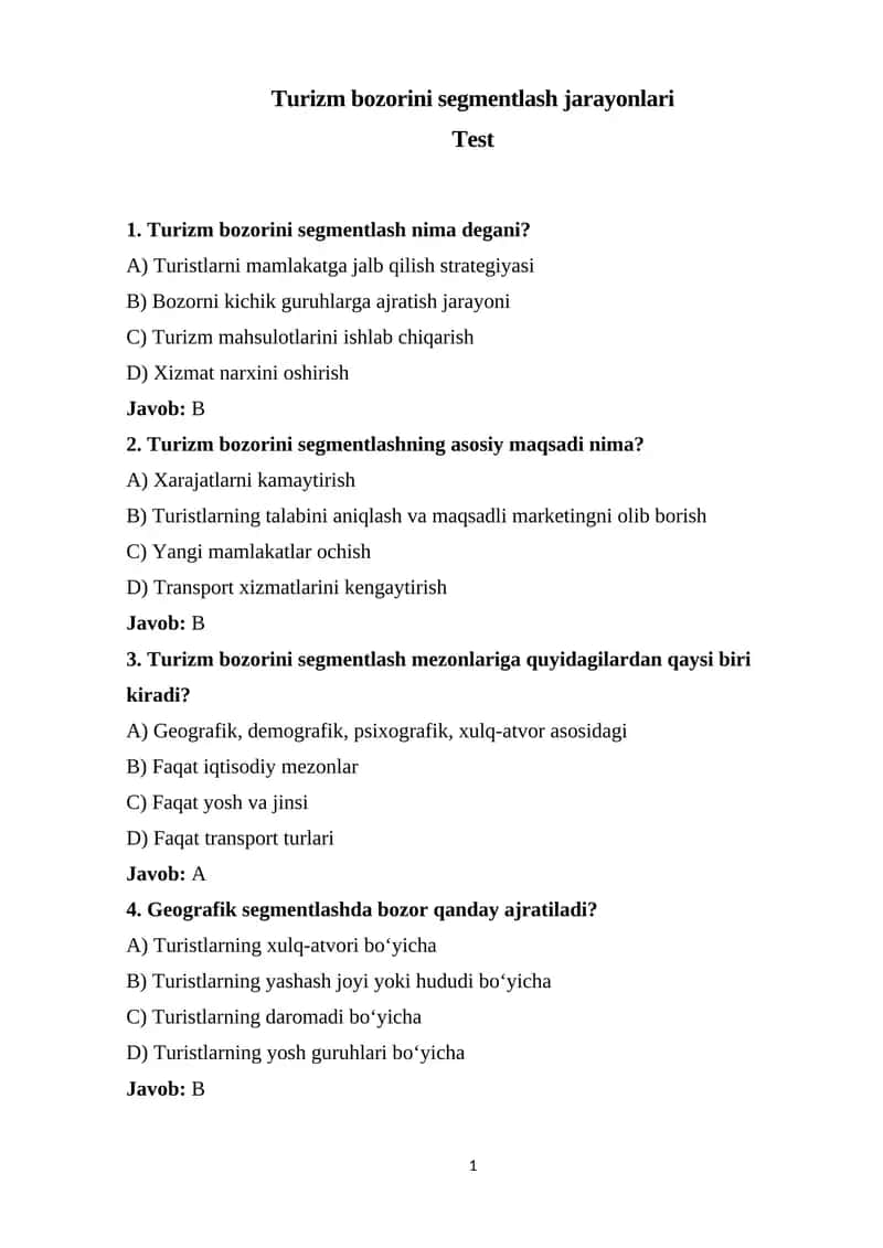 Turizm bozorini segmentlash jarayonlari