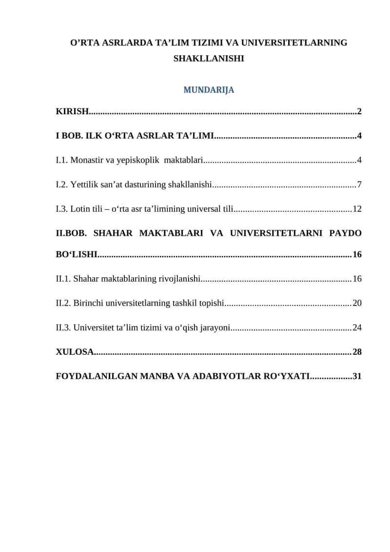 O’RTA ASRLARDA TA’LIM TIZIMI VA UNIVERSITETLARNING SHAKLLANISHI