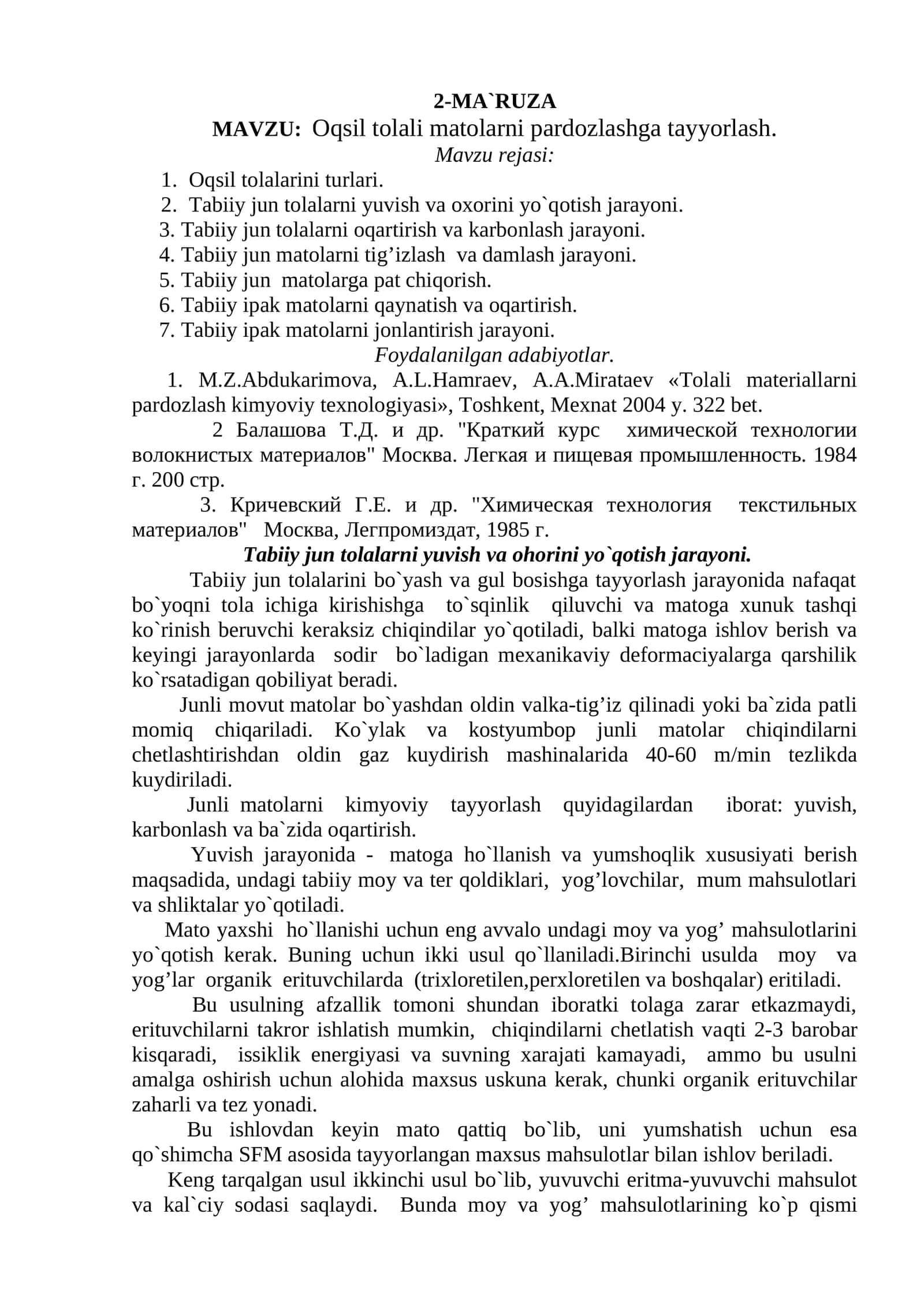 Oqsil tolali matolarni pardozlashga tayyorlash