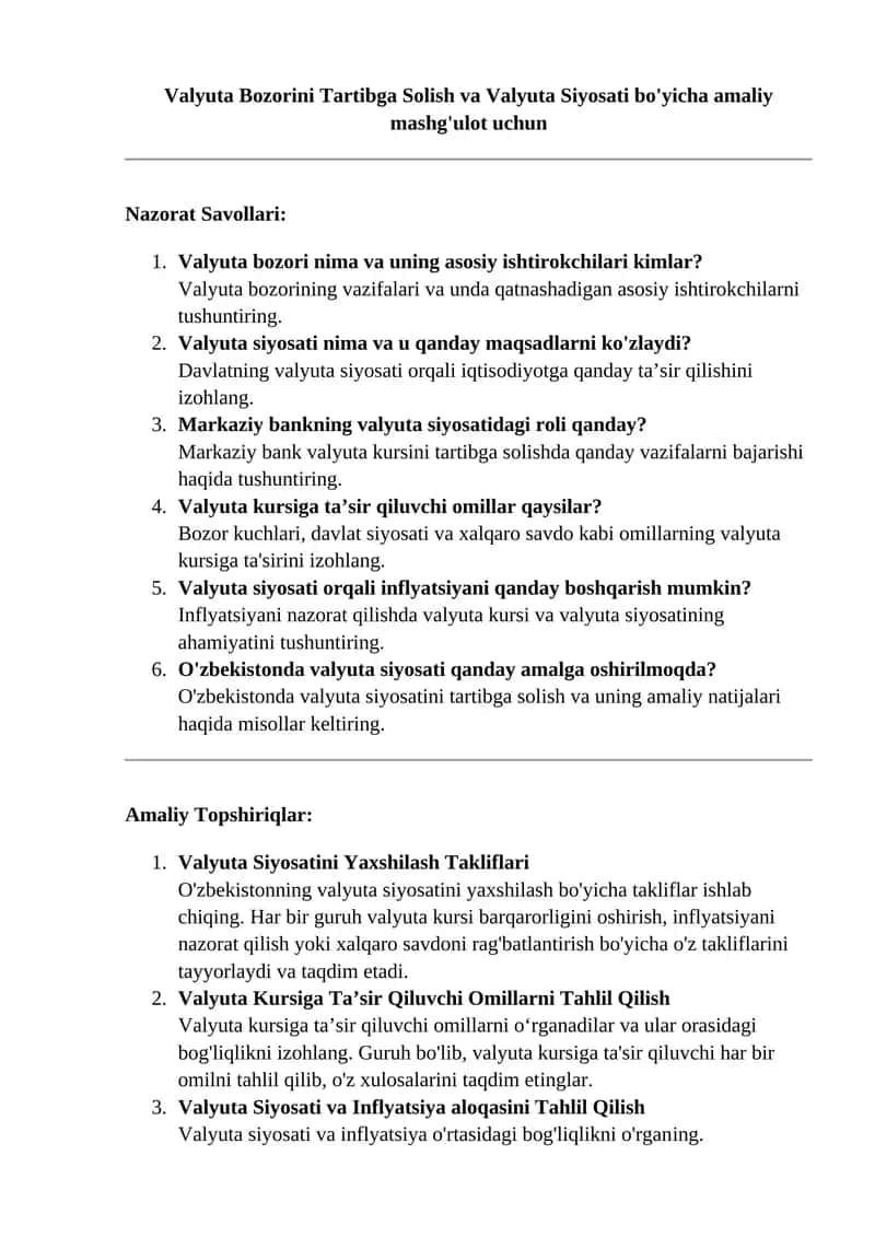 Valyuta Bozorini Tartibga Solish va Valyuta Siyosati bo'yicha amaliy mashg'ulot