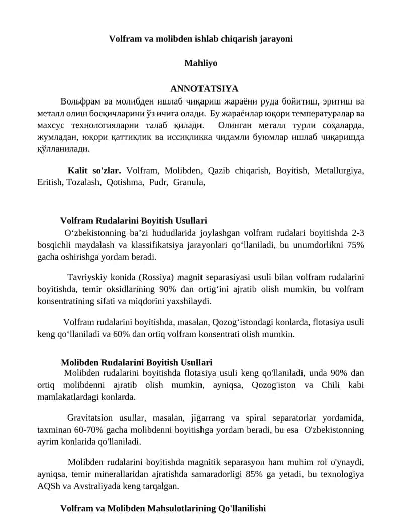 Volfram va molibden ishlab chiqarish jarayoni