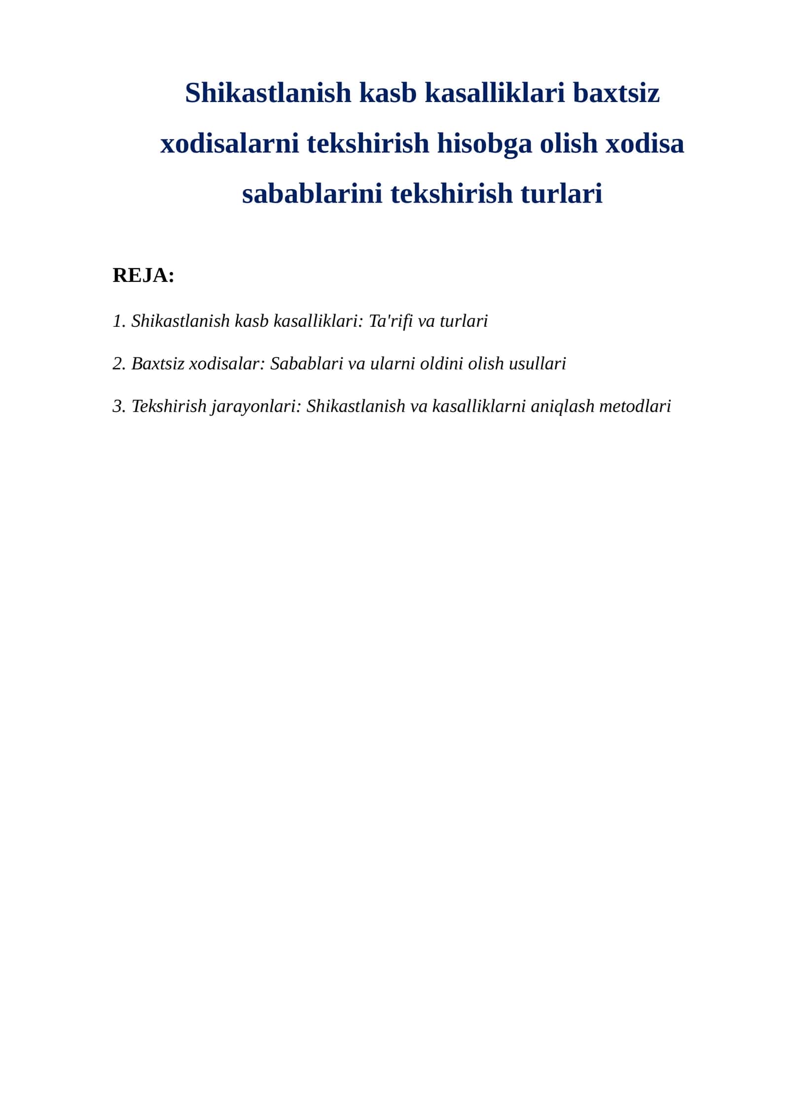 Shikastlanish kasb kasalliklari baxtsiz xodisalarni tekshirish hisobga olish xodisa sabablarini tekshirish turlari