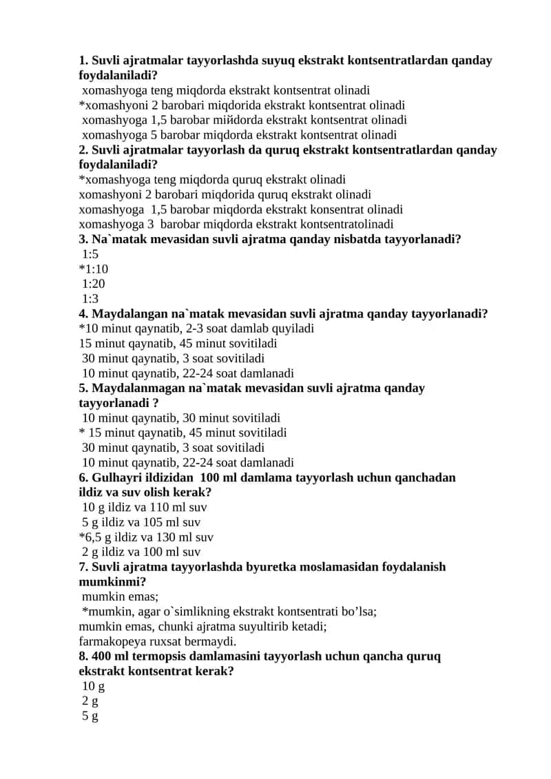 Suvli ajratmalar tayyorlashda quruq ekstrakt kontsentratlardan foydalanish