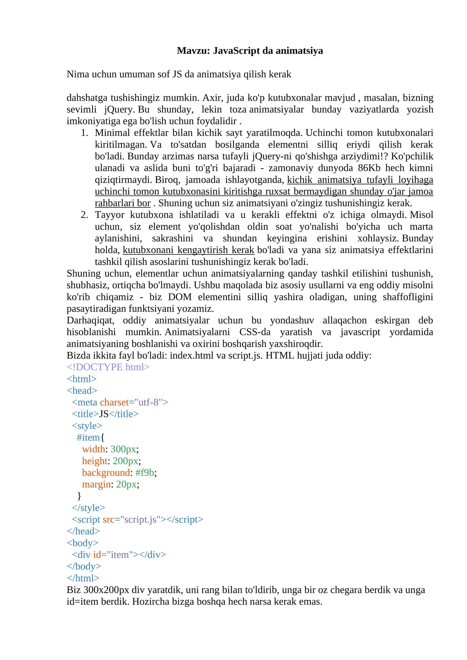 JavaScript da animatsiya