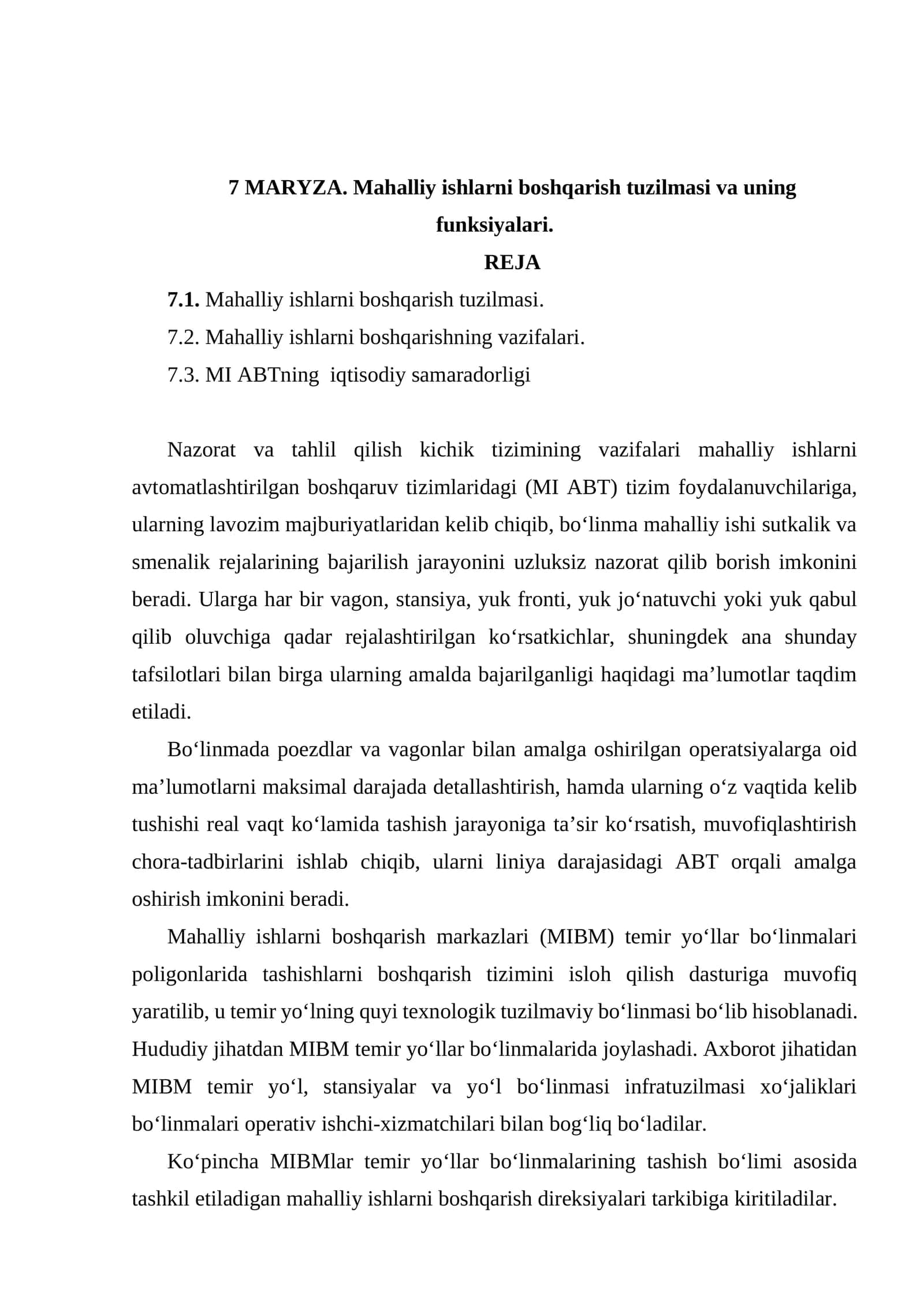 Mahalliy ishlarni boshqarish tuzilmasi va uning funksiyalari
