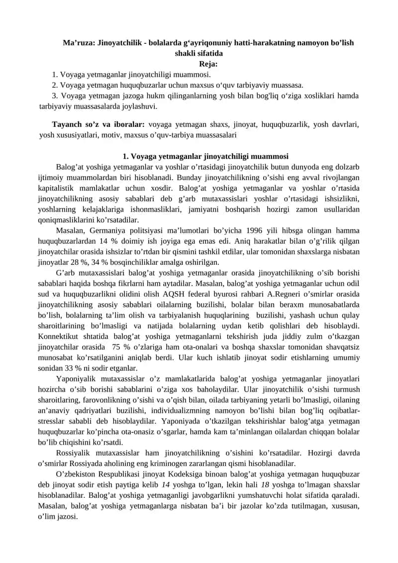 Voyaga yetmaganlar jinoyatchiligi muammosi