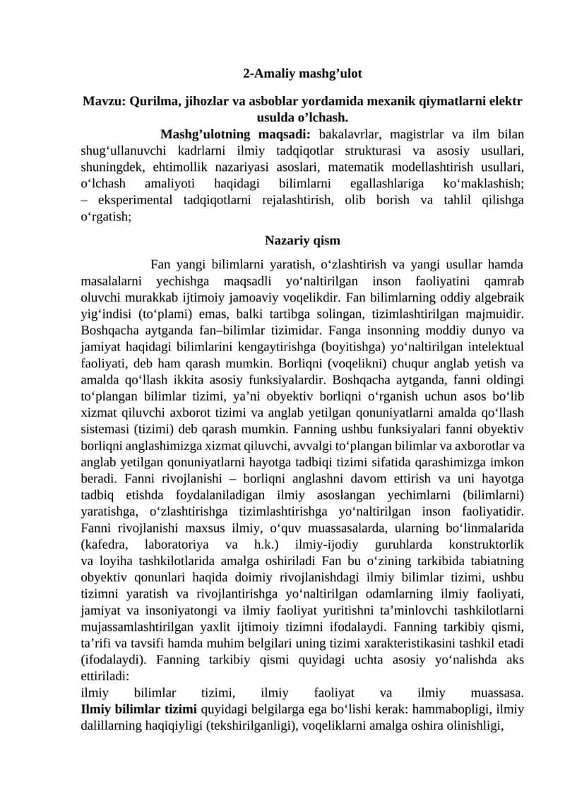 Qurilma, jihozlar va asboblar yordamida mexanik qiymatlarni elektr usulda o’lchash