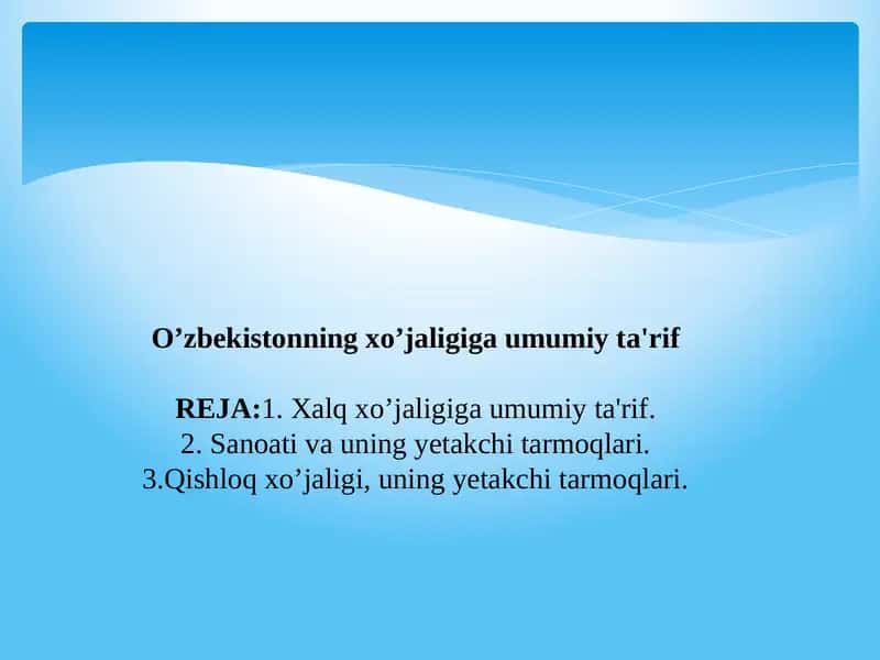 O’zbekistonning xo’jaligiga umumiy ta'rif