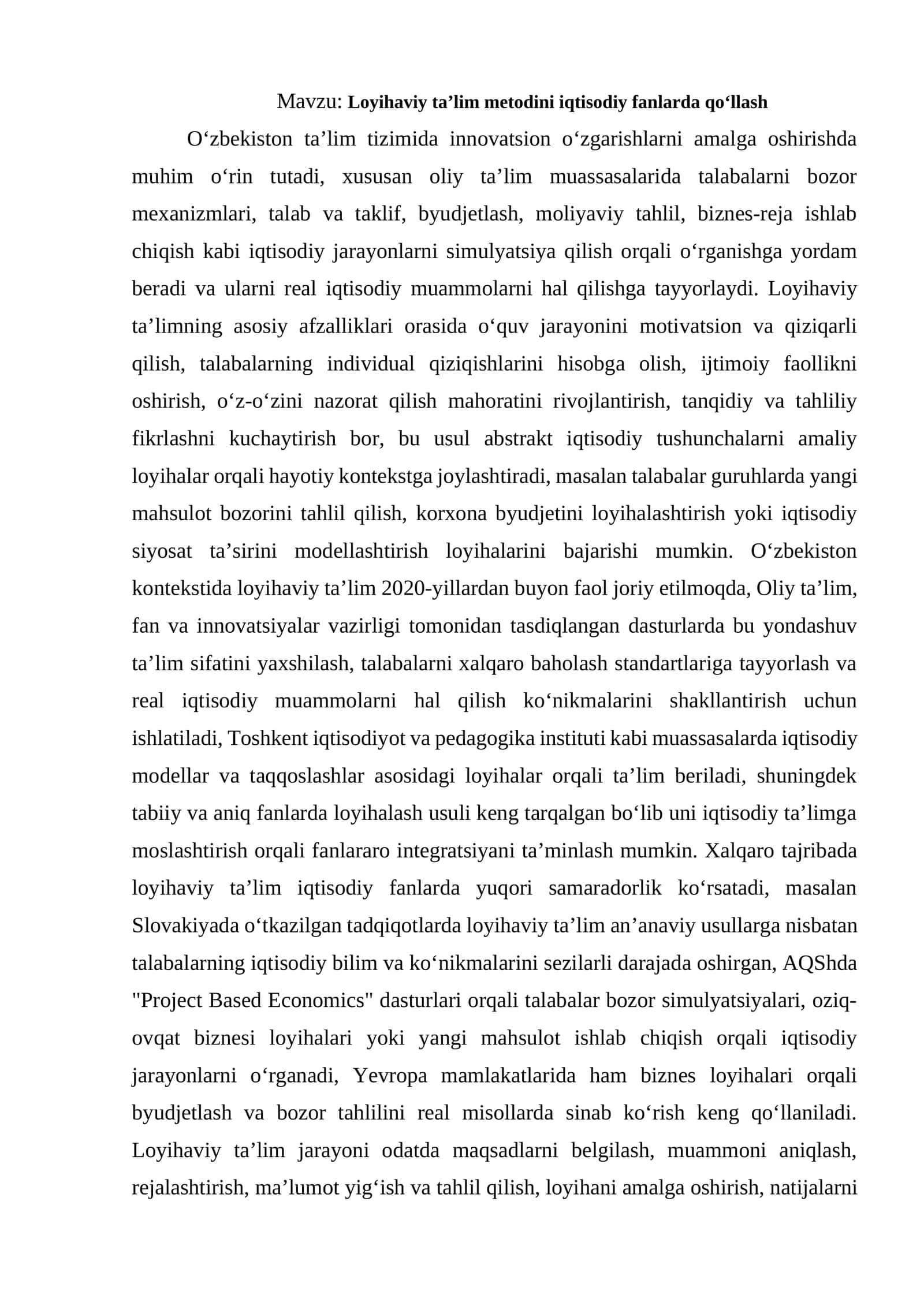 Loyihaviy ta’lim metodini iqtisodiy fanlarda qo‘llash