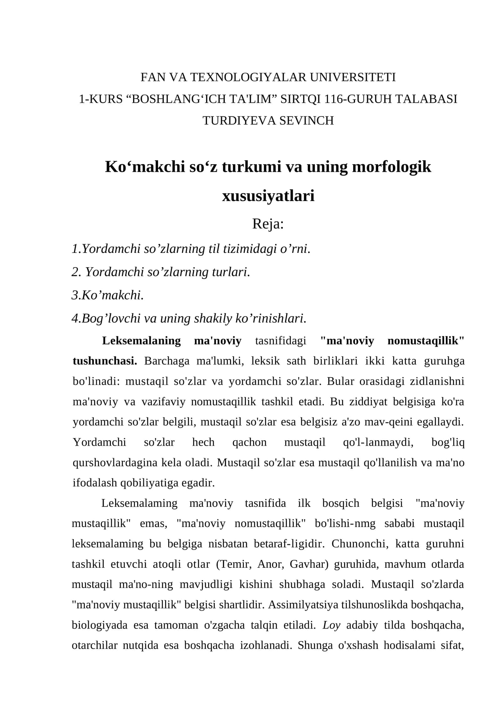 Ko‘makchi so‘z turkumi va uning morfologik xususiyatlari