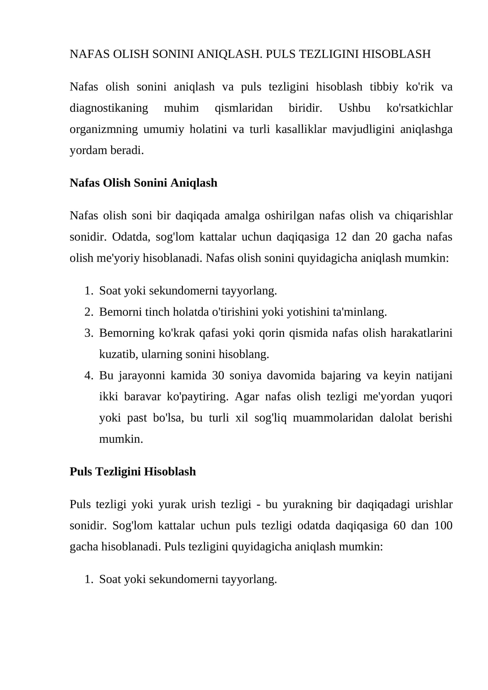 Nafas Olish Sonini Aniqlash. Puls Tezligini Hisoblash