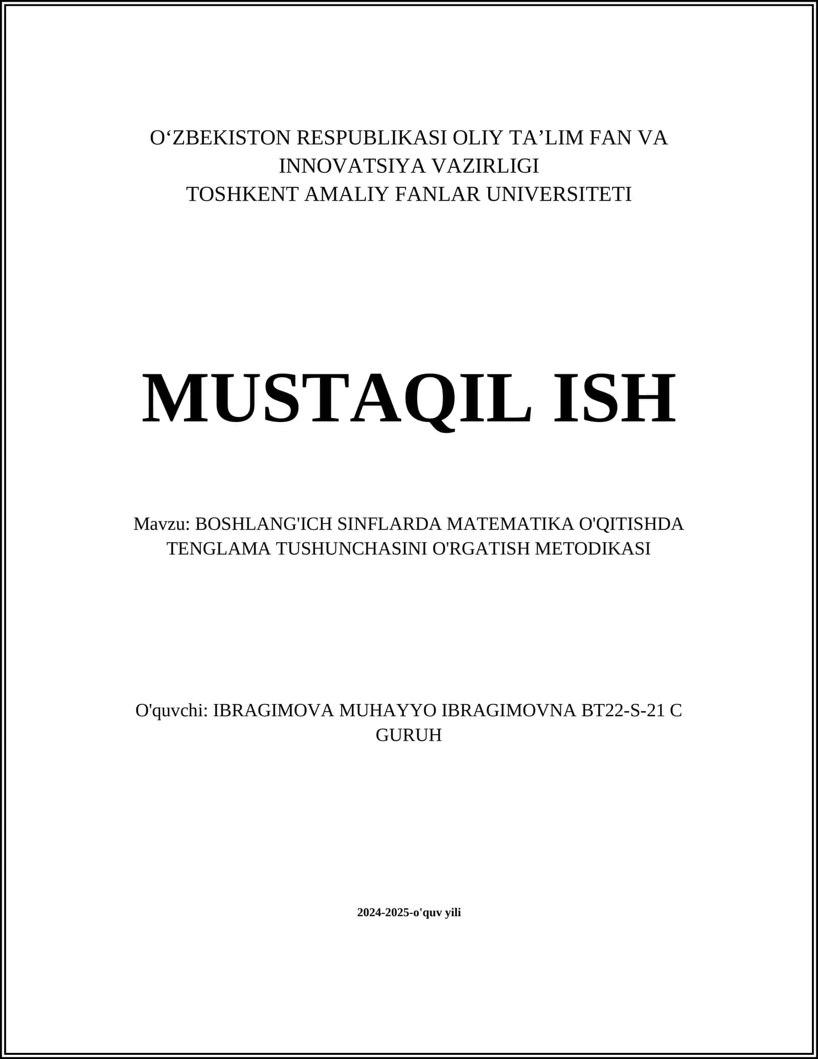 BOSHLANG'ICH SINFLARDA MATEMATIKA O'QITISHDA TENGLAMA TUSHUNCHASINI O'RGATISH METODIKASI