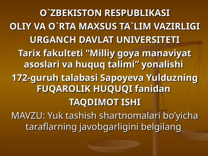 Yuk tashish shartnomalari bo’yicha taraflarning javobgarligini belgilang