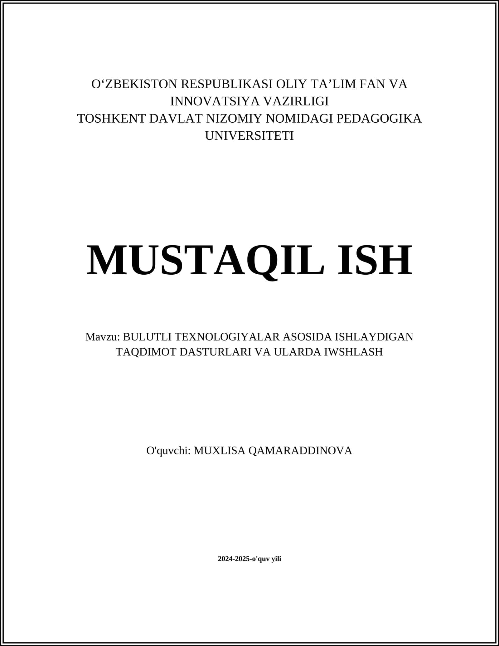 BULUTLI TEXNOLOGIYALAR ASOSIDA ISHLAYDIGAN TAQDIMOT DASTURLARI VA ULARDA IWSHLASH