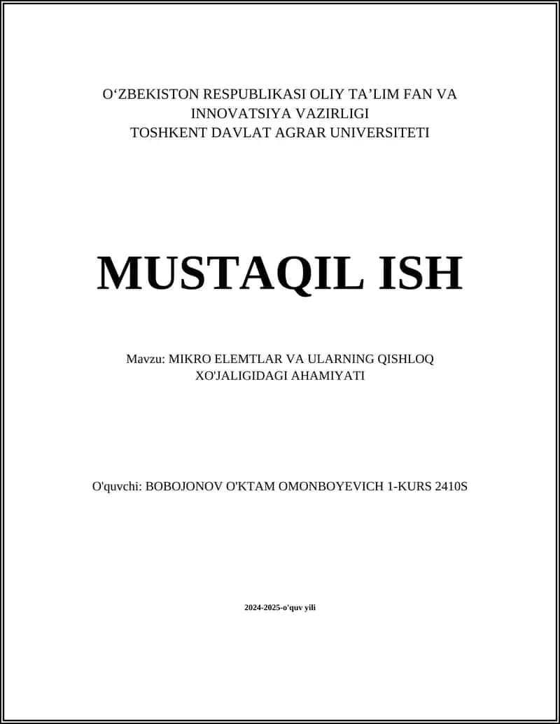 MIKRO ELEMTLAR VA ULARNING QISHLOQ XO'JALIGIDAGI AHAMIYATI