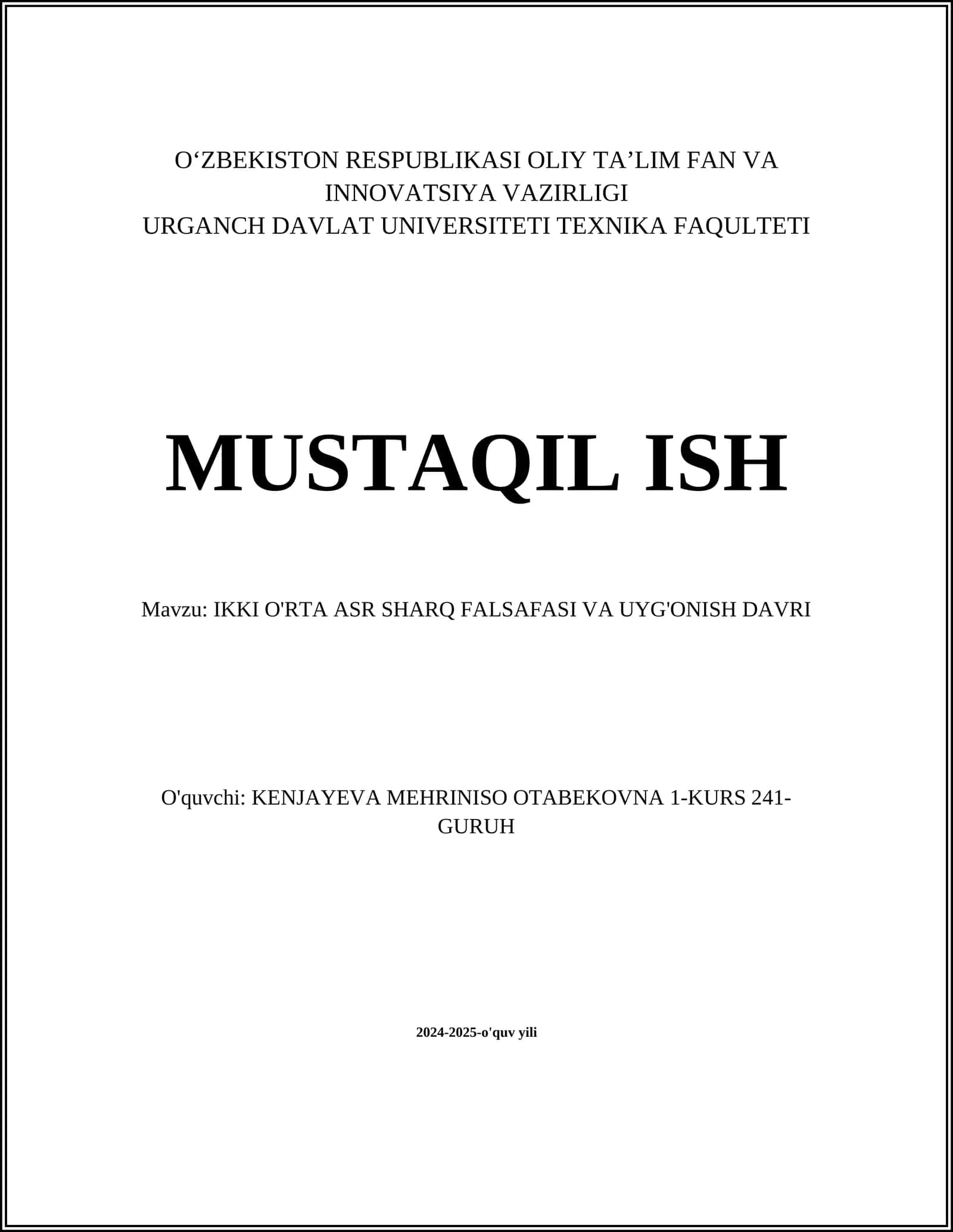 IKKI O'RTA ASR SHARQ FALSAFASI VA UYG'ONISH DAVRI