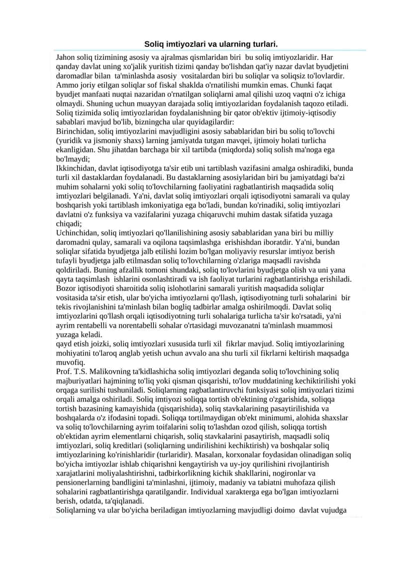 Soliq imtiyozlari va ularning turlari