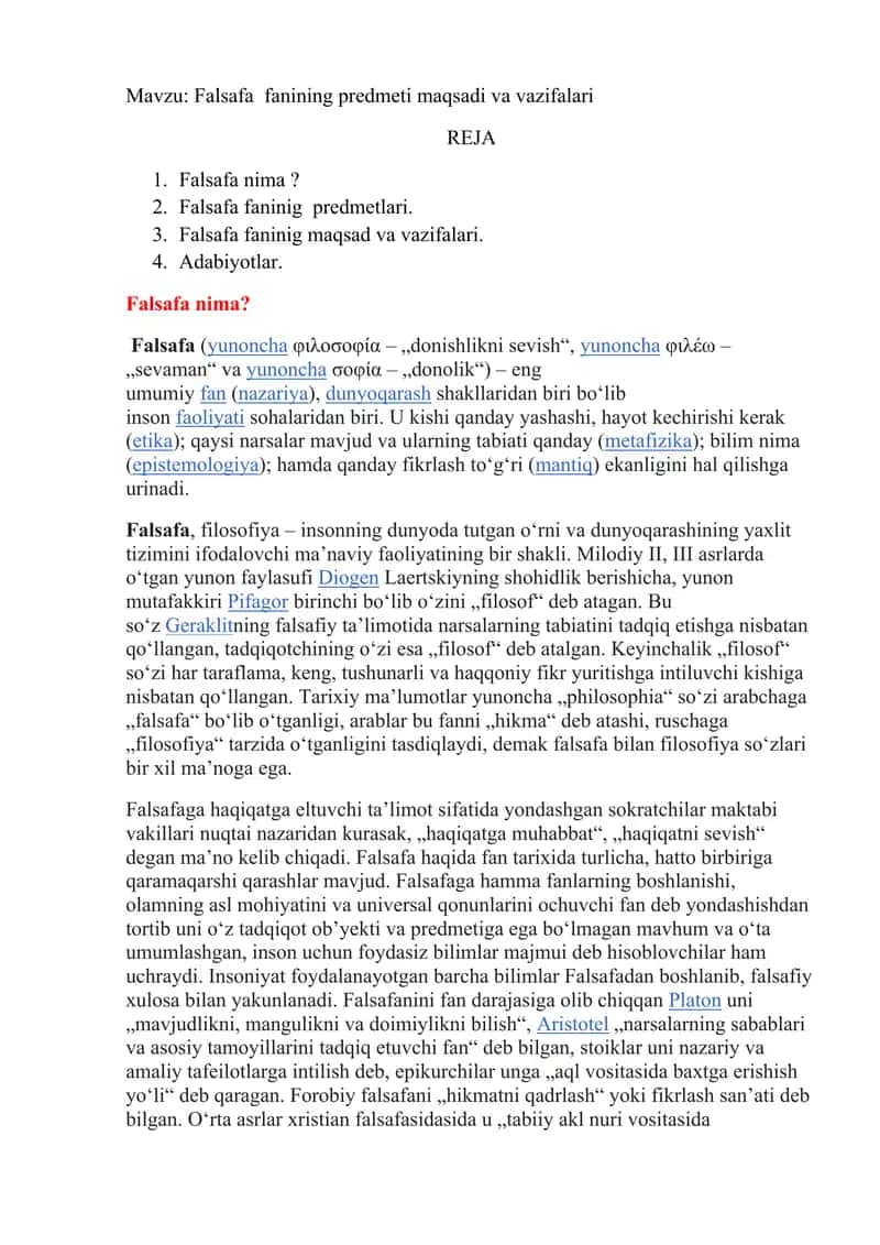 Falsafa fanining predmeti maqsadi va vazifalari