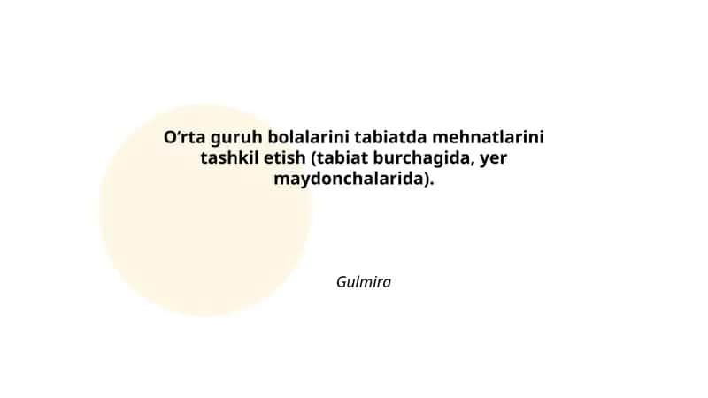 O‘rta guruh bolalarini tabiatda mehnatlarini tashkil etish (tabiat burchagida, yer maydonchalarida)