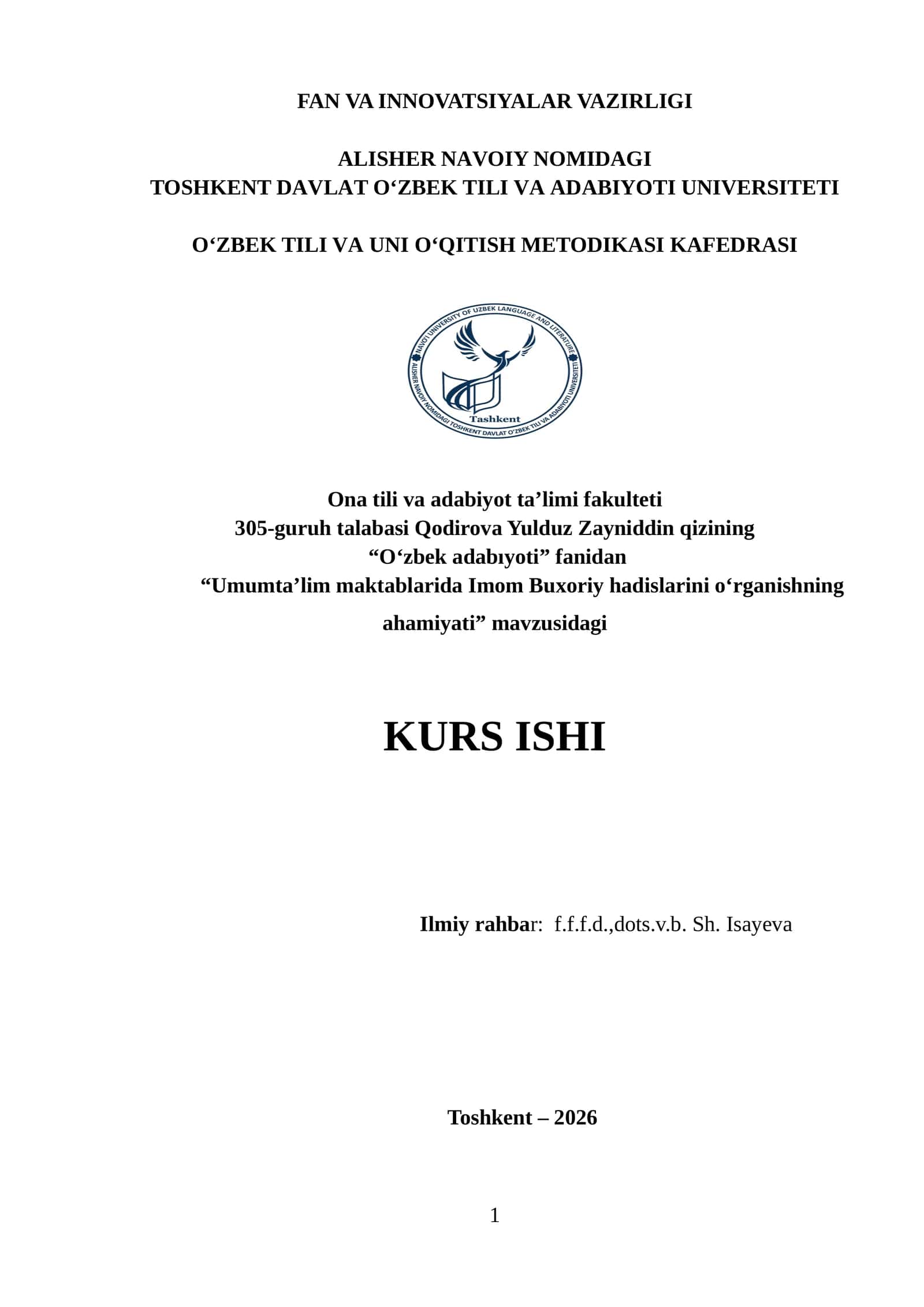 “Umumta’lim maktablarida Imom Buxoriy hadislarini o‘rganishning ahamiyati” mavzusidagi KURS ISHI