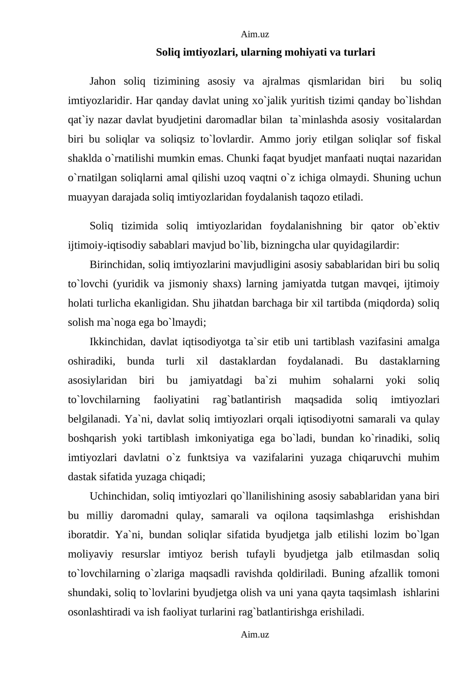 Soliq imtiyozlari, ularning mohiyati va turlari