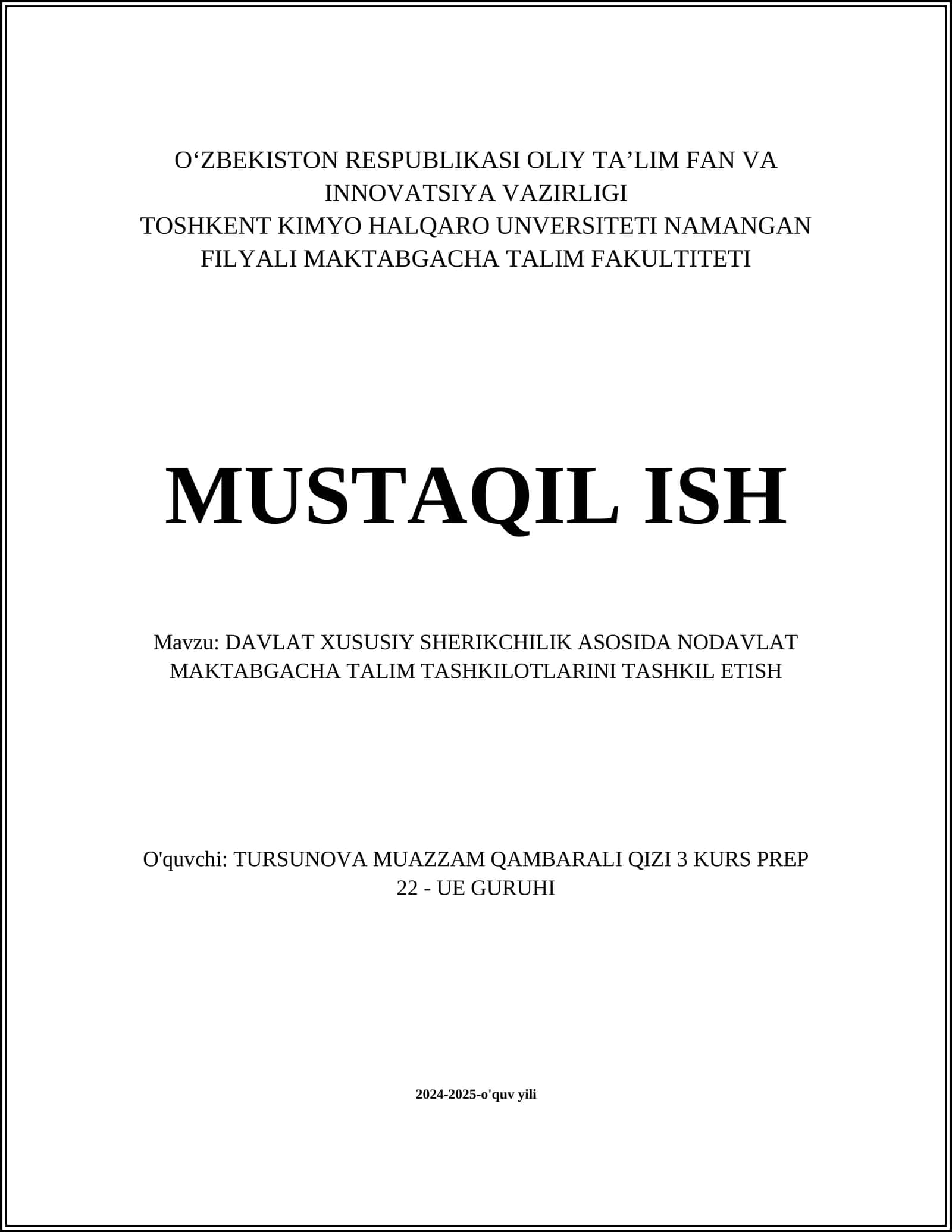 DAVLAT XUSUSIY SHERIKCHILIK ASOSIDA NODAVLAT MAKTABGACHA TALIM TASHKILOTLARINI TASHKIL ETISH