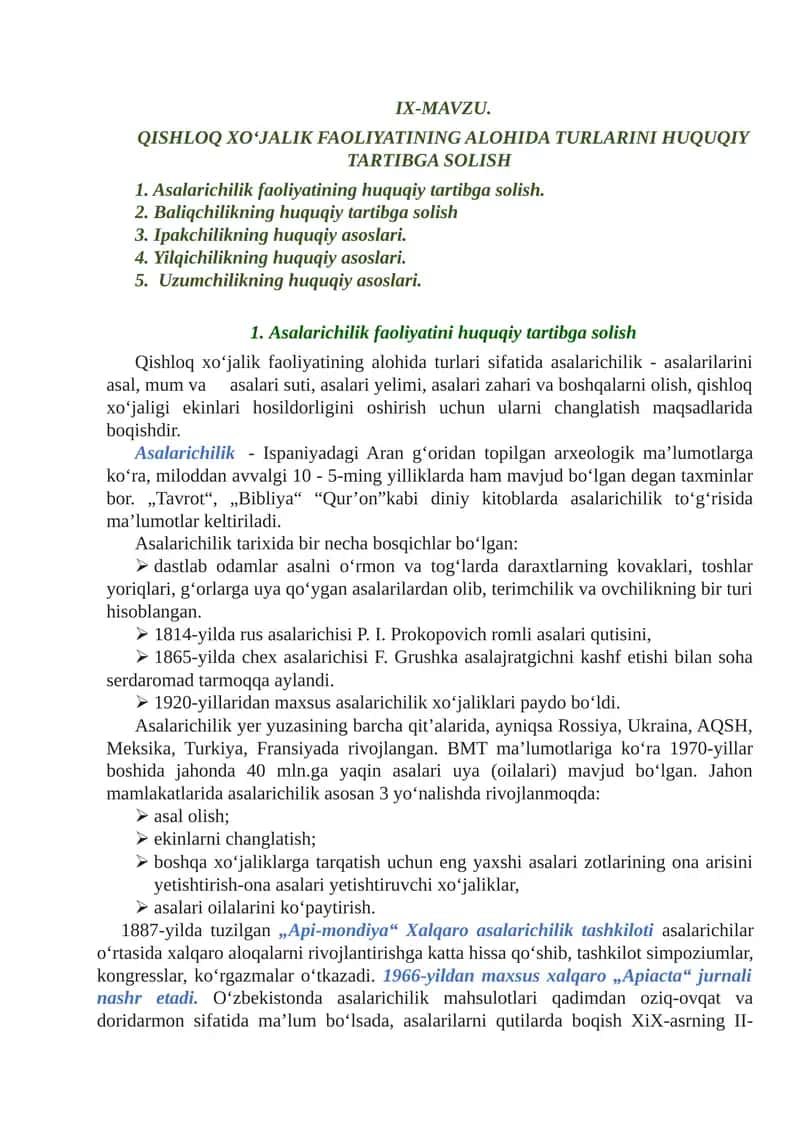 Asalarichilik faoliyatini huquqiy tartibga solish